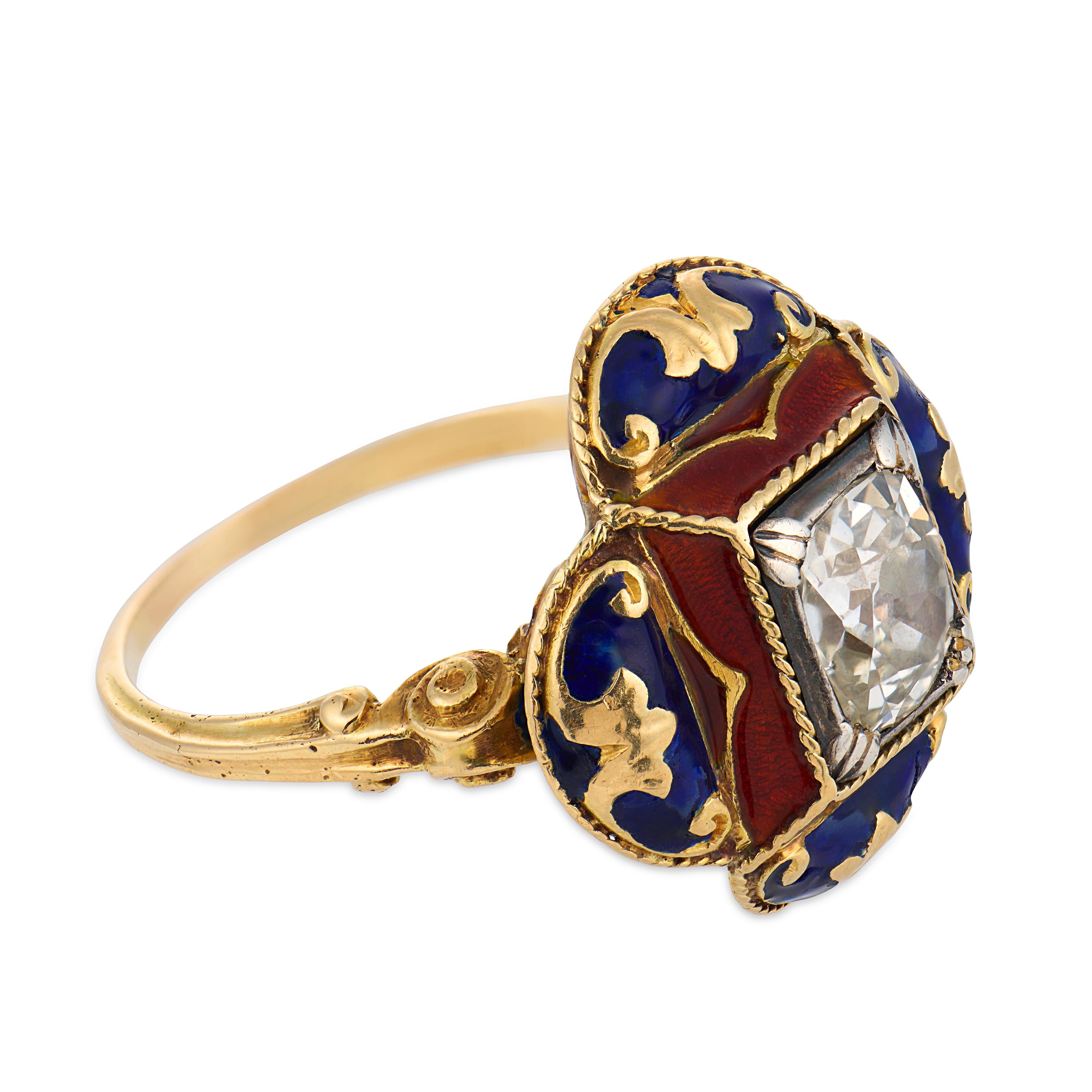 Victorian 1.25 carat old mine cut diamond 14k yellow gold enamel ring