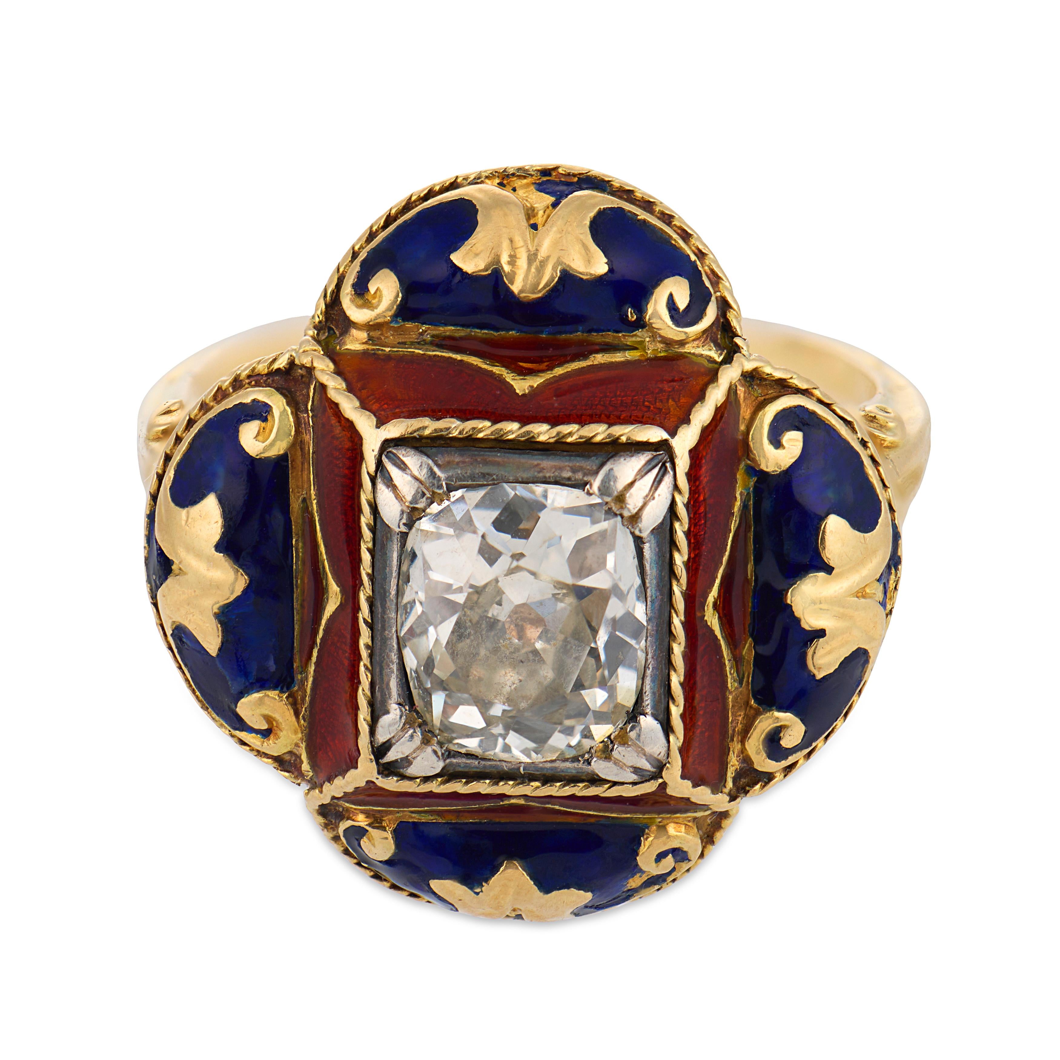 Victorian 1.25 carat old mine cut diamond 14k yellow gold enamel ring