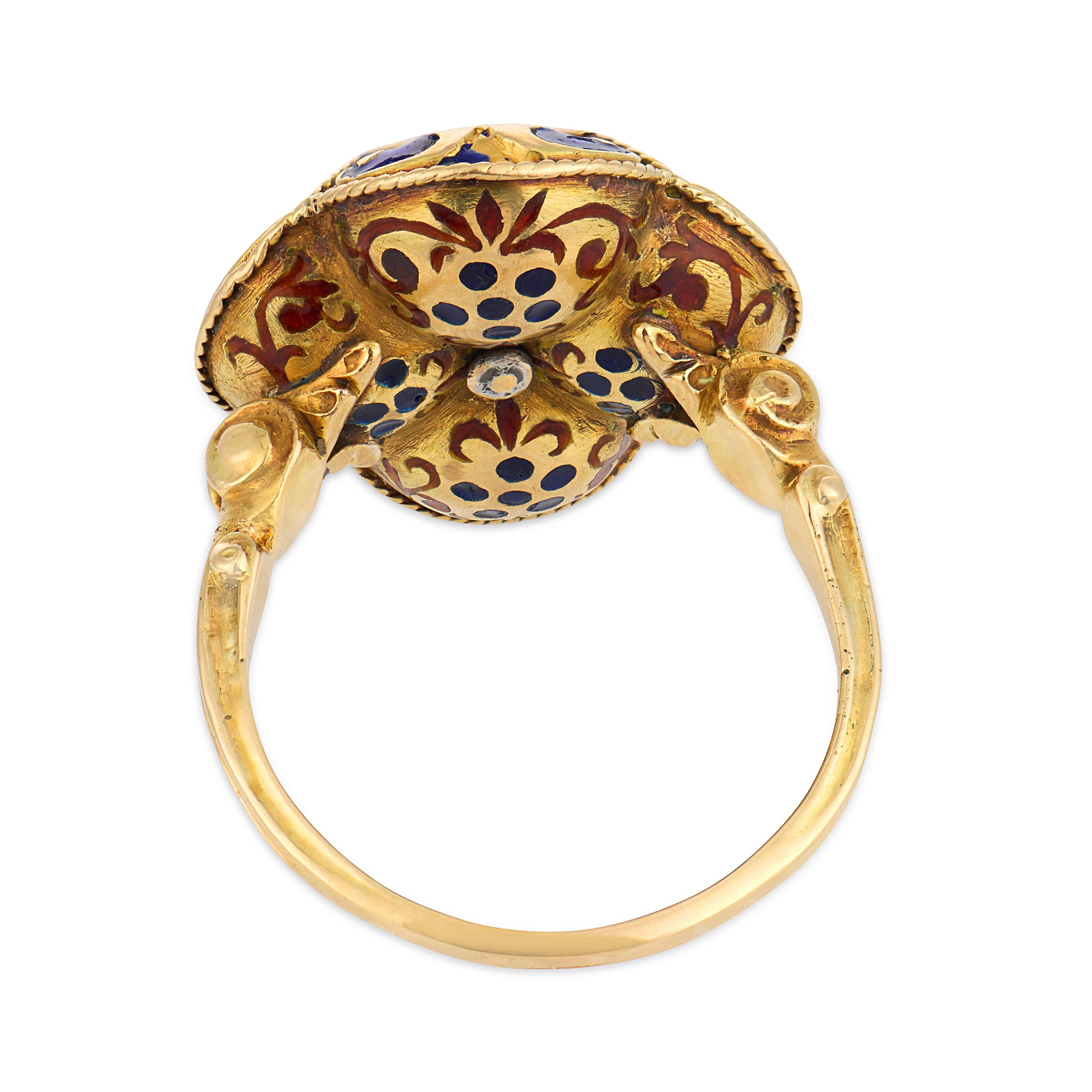 Victorian 1.25 carat old mine cut diamond 14k yellow gold enamel ring