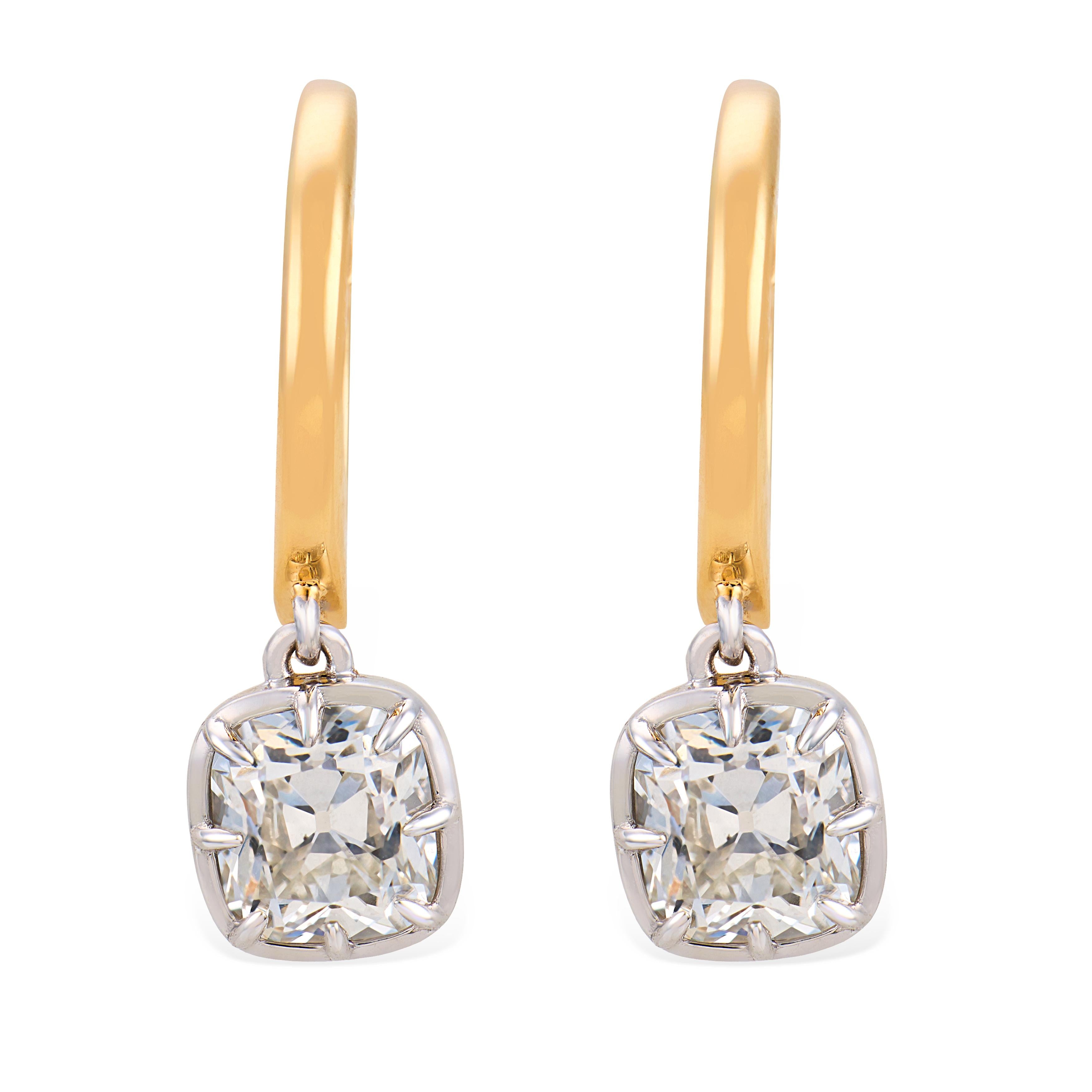 GIA 2.12 carat old mine cut diamond 18k gold platinum earrings - T&H Exclusive
