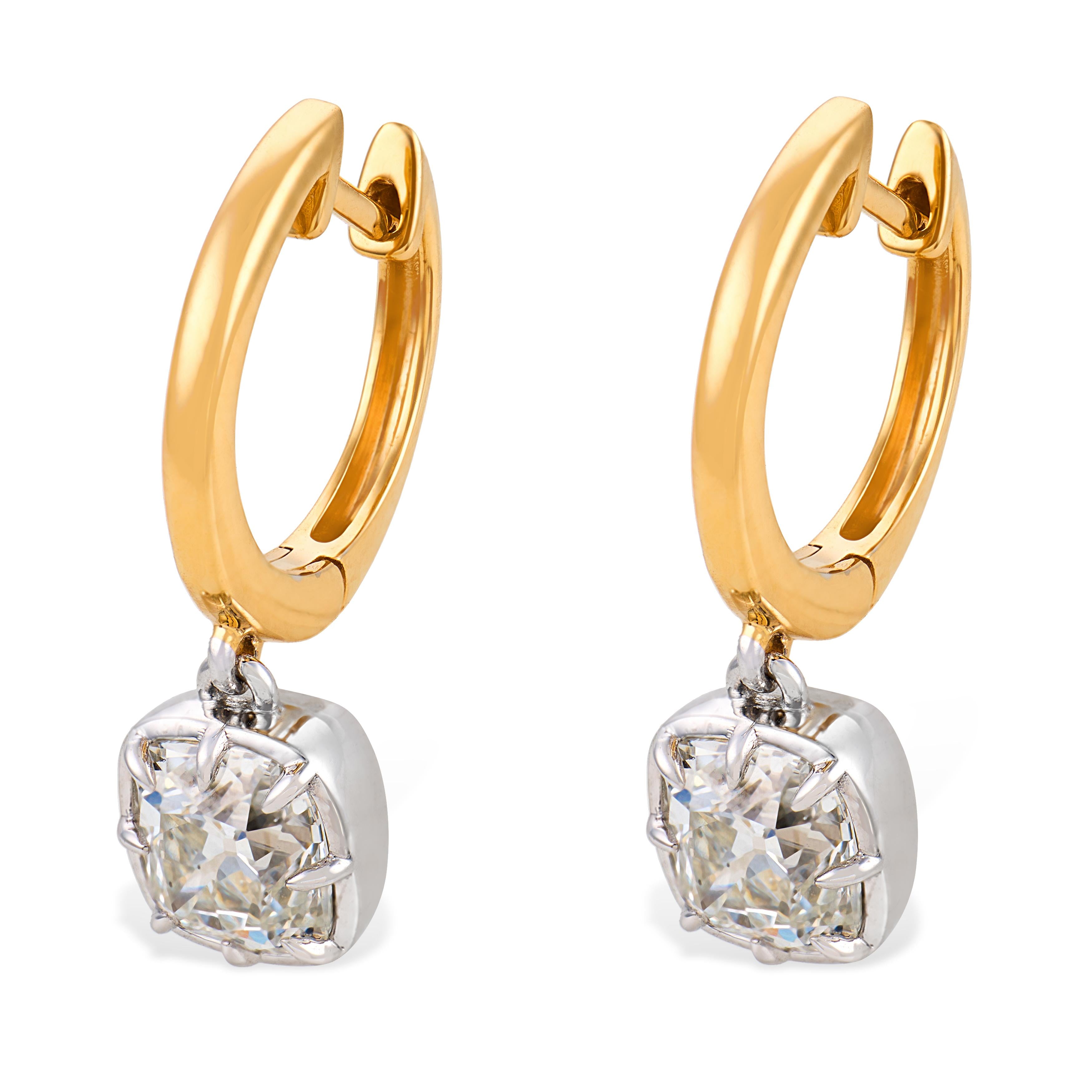 GIA 2.12 carat old mine cut diamond 18k gold platinum earrings - T&H Exclusive