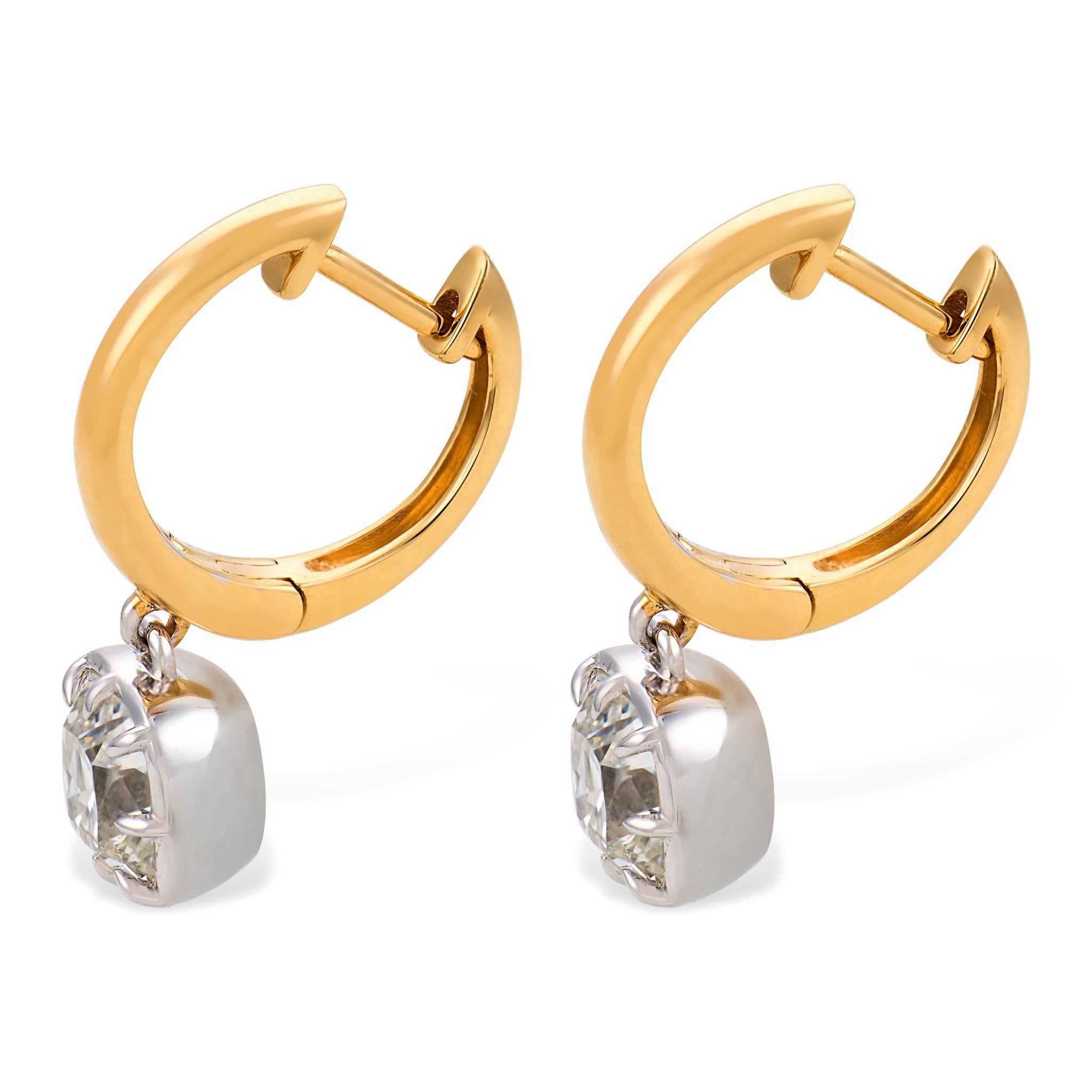 GIA 2.12 carat old mine cut diamond 18k gold platinum earrings - T&H Exclusive