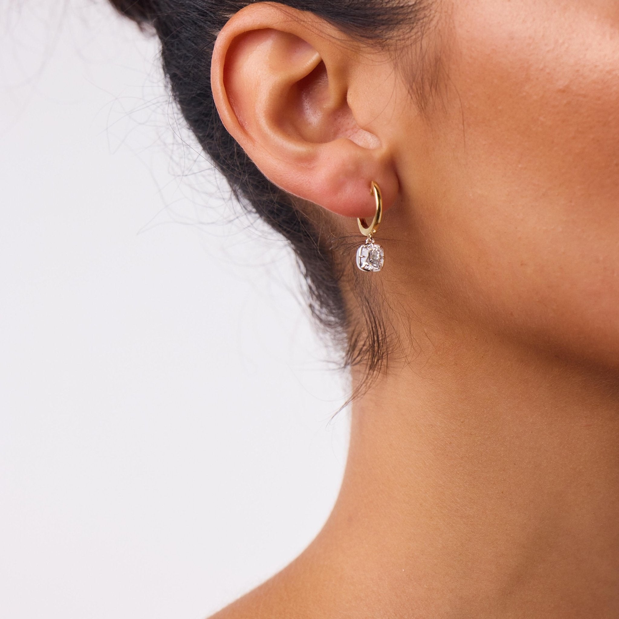 GIA 2.12 carat old mine cut diamond 18k gold platinum earrings - T&H Exclusive