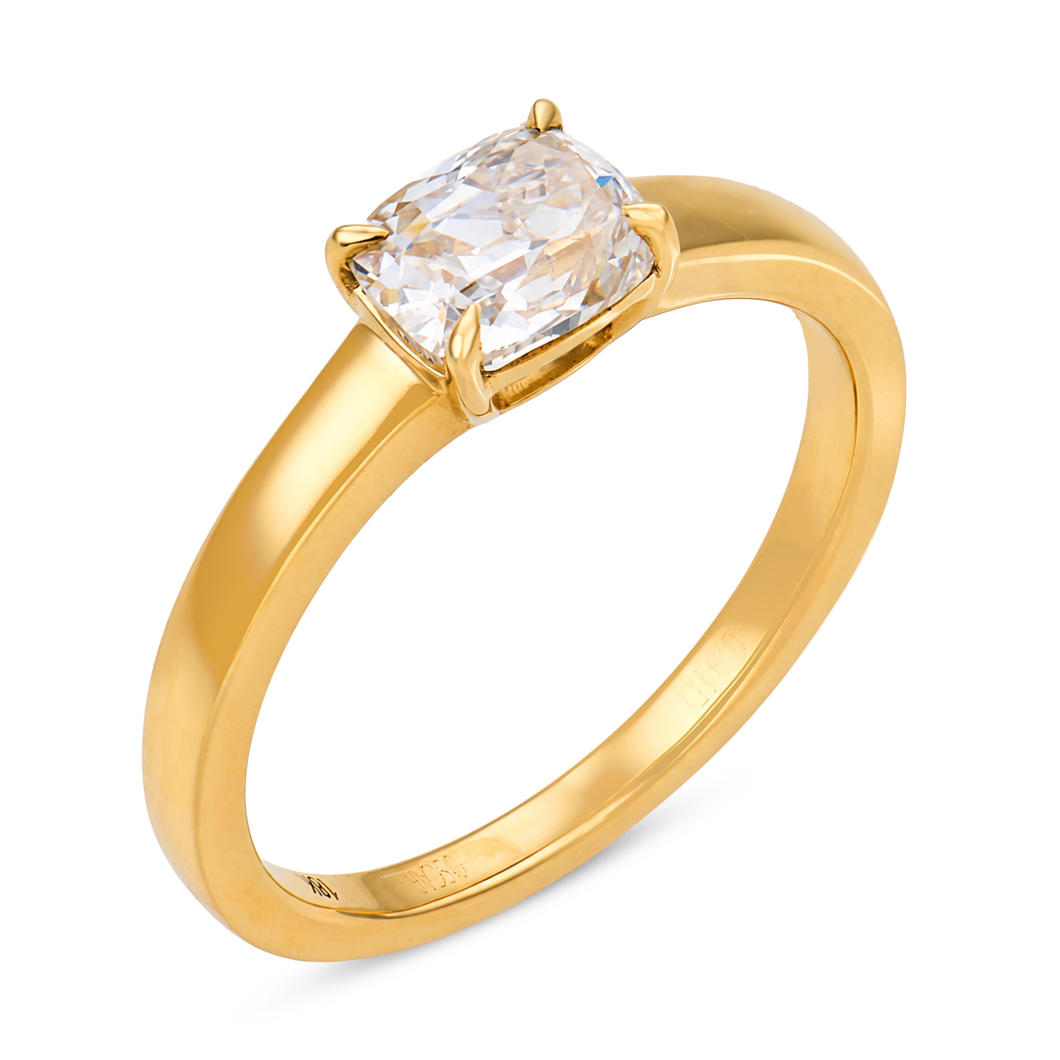 East West Prong GIA 0.91 carat old mine cut diamond 18k yellow gold ring