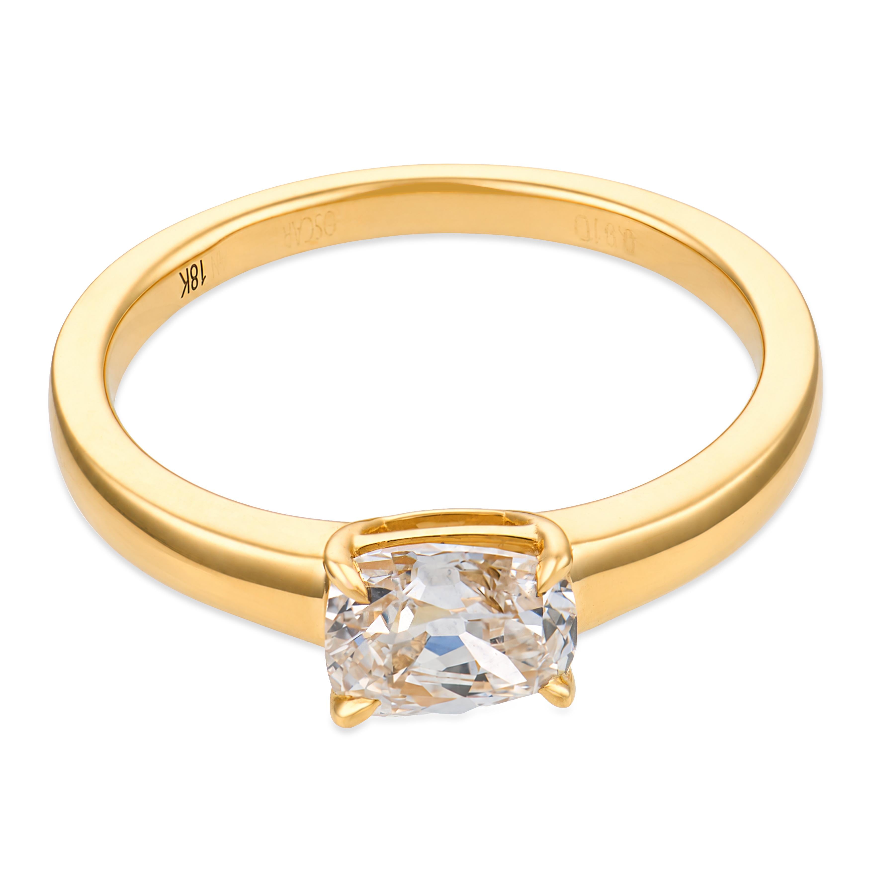 East West Prong GIA 0.91 carat old mine cut diamond 18k yellow gold ring