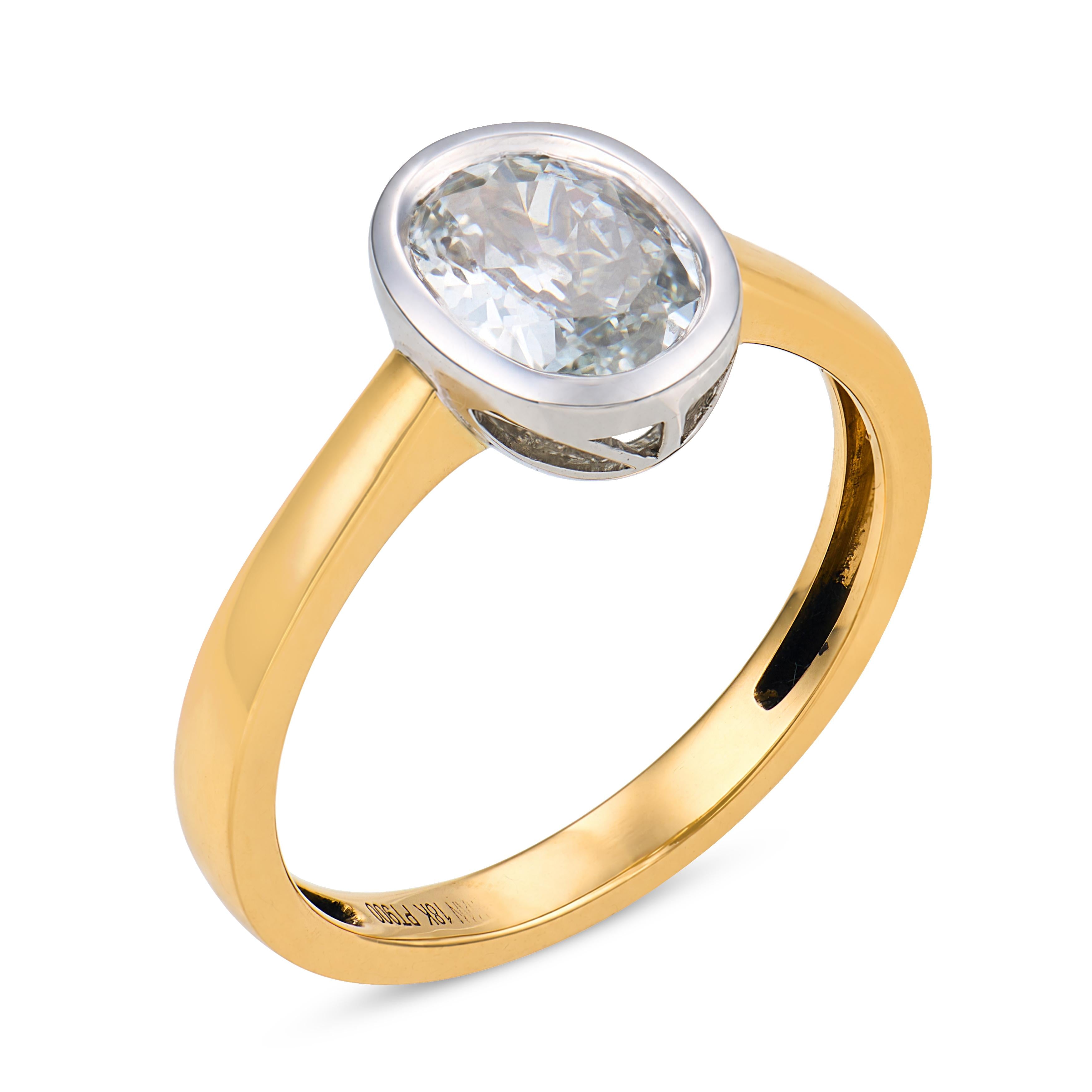 Two tone bezel GIA 0.81 oval cut diamond 18k yellow gold and platinum ring