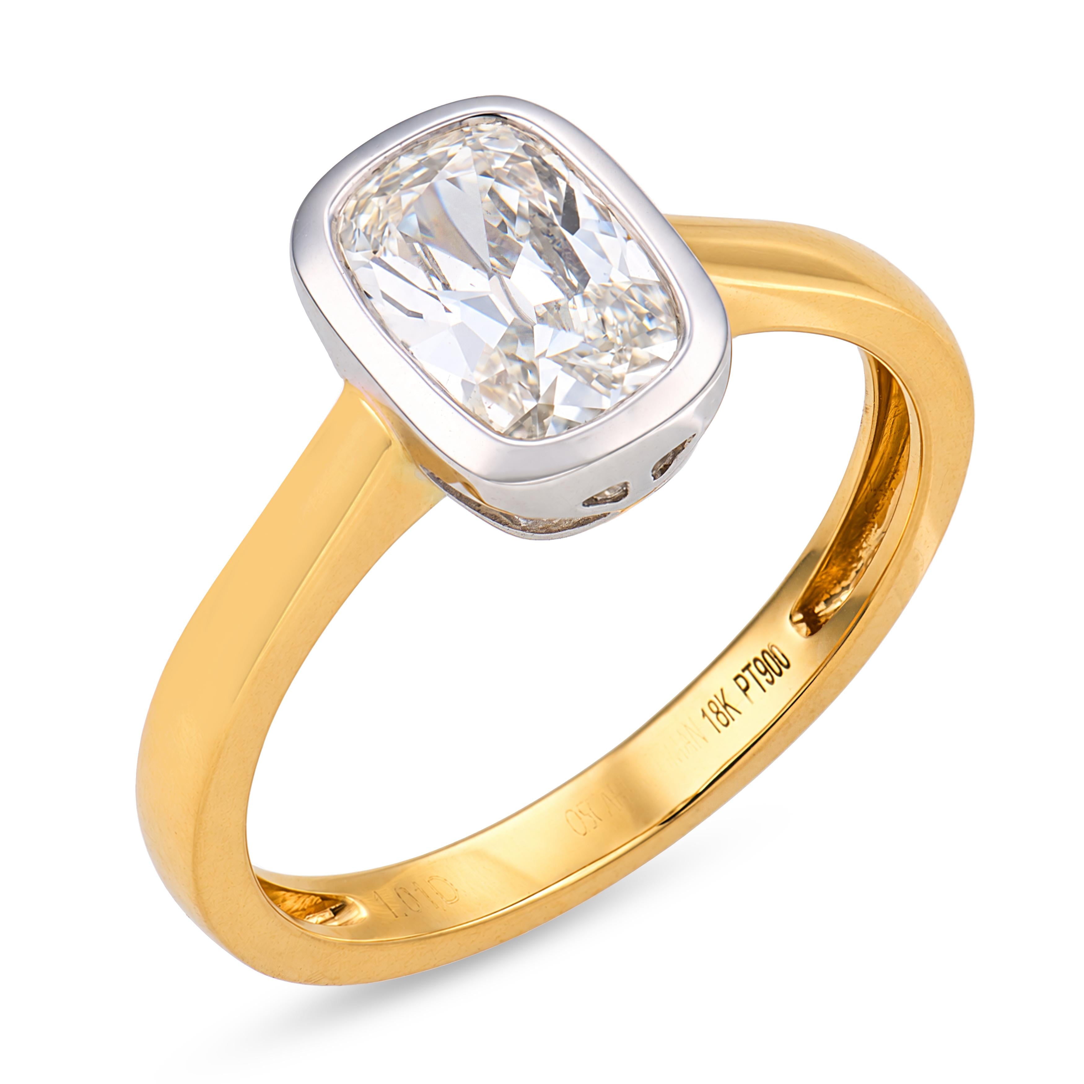 Two tone bezel GIA 1.01 cushion cut diamond 18k yellow gold and platinum ring