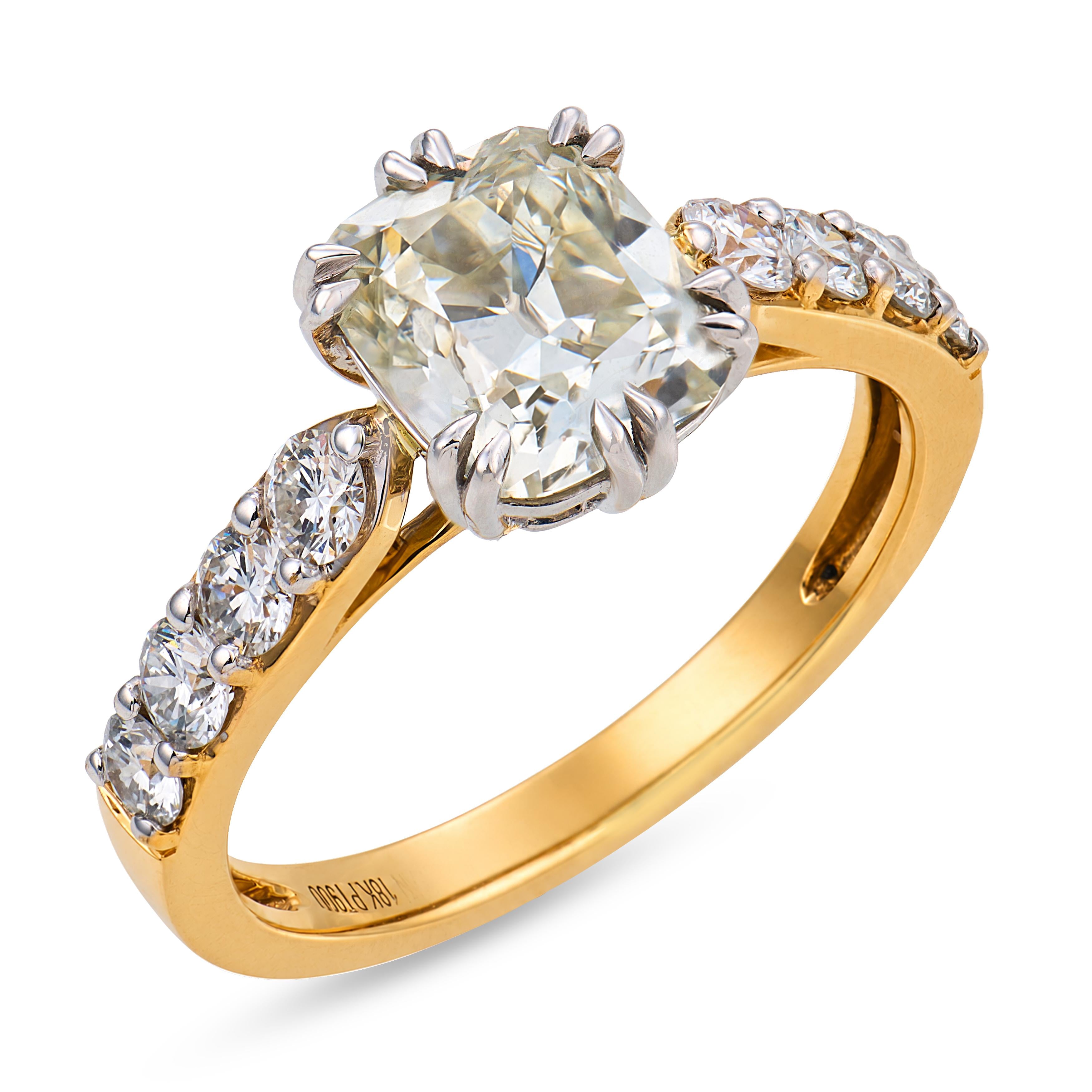 Empire State GIA 1.65 carat cushion cut diamond 18k yellow gold platinum ring