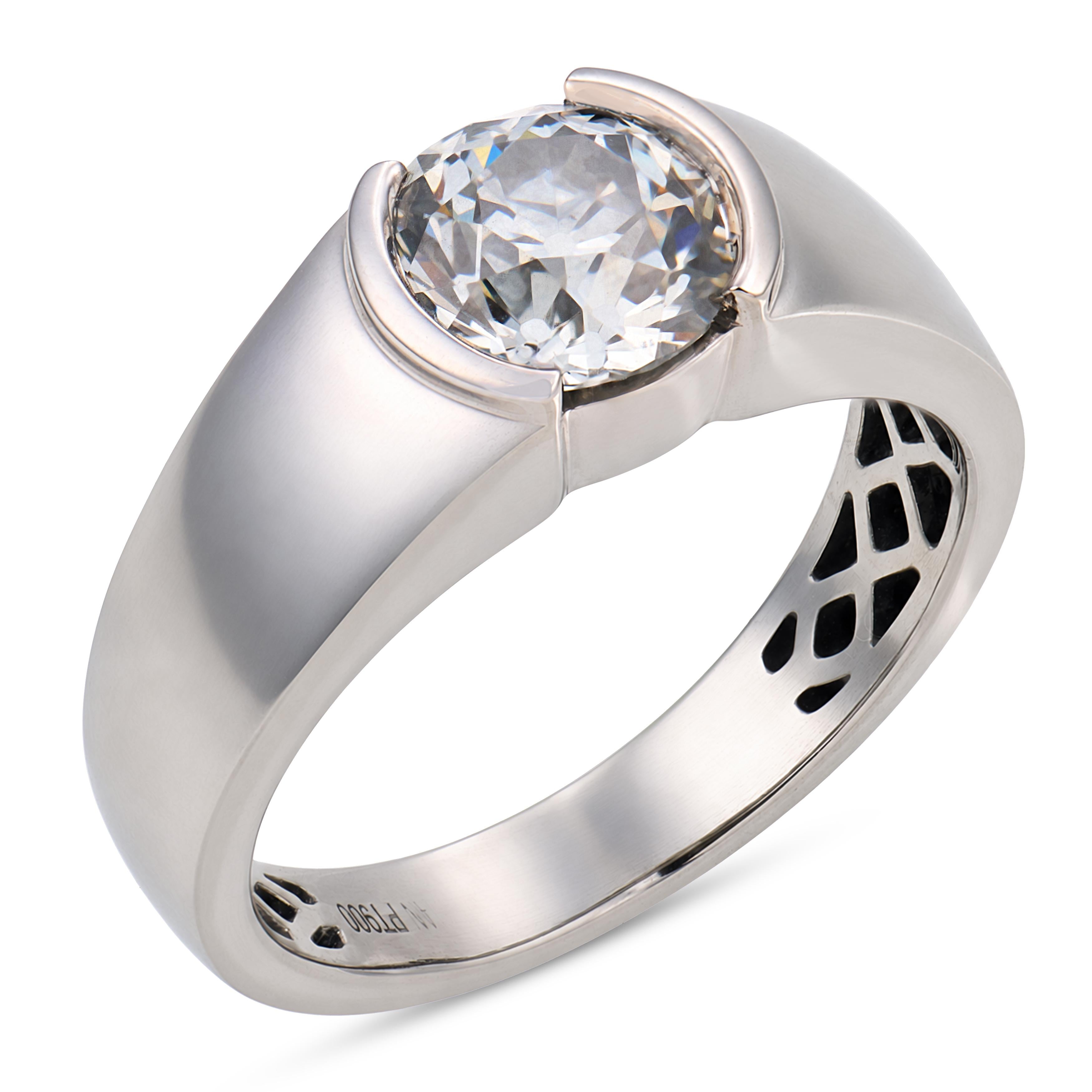 GIA 1.40 carat old European cut diamond platinum half bezel set ring