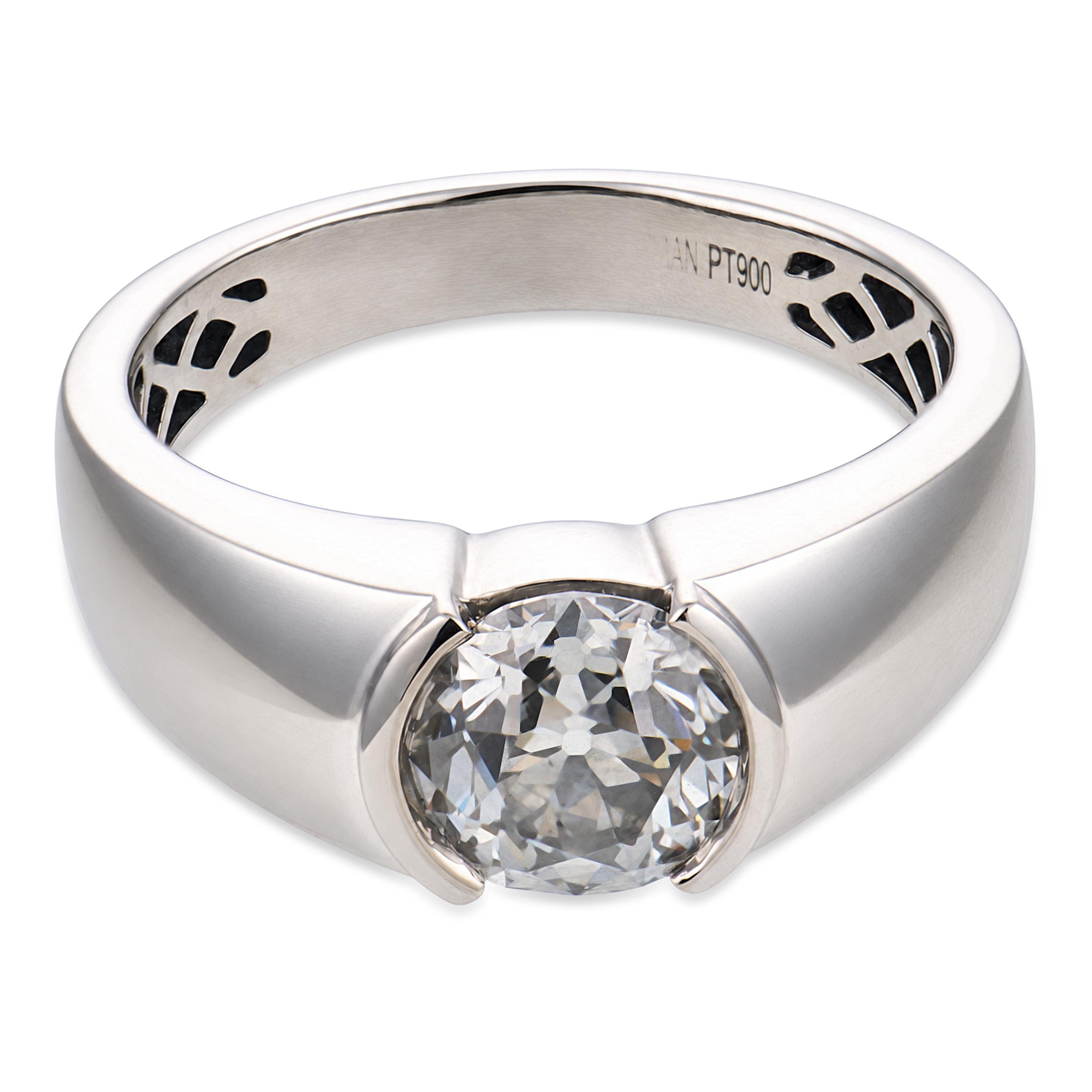 GIA 1.40 carat old European cut diamond platinum half bezel set ring