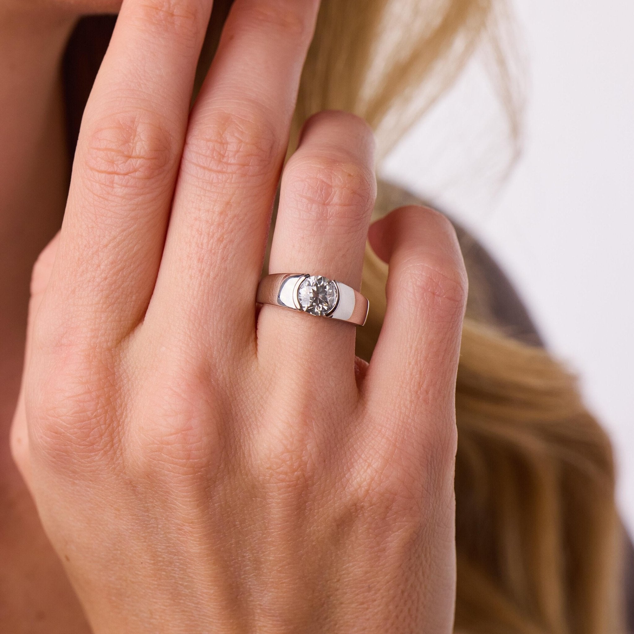 GIA 1.40 carat old European cut diamond platinum half bezel set ring