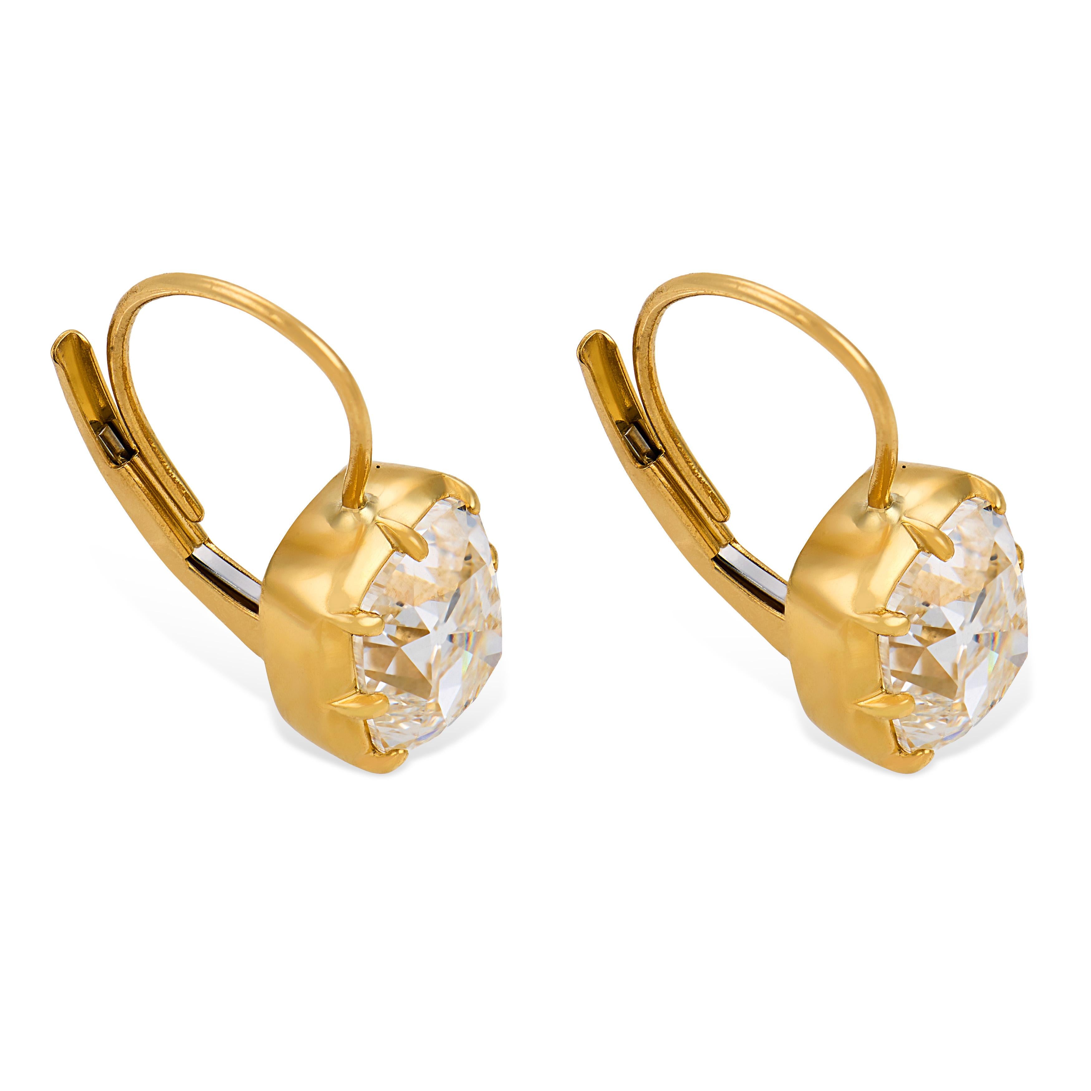 GIA 3.01 carat old mine cut diamond 18k yellow gold earrings