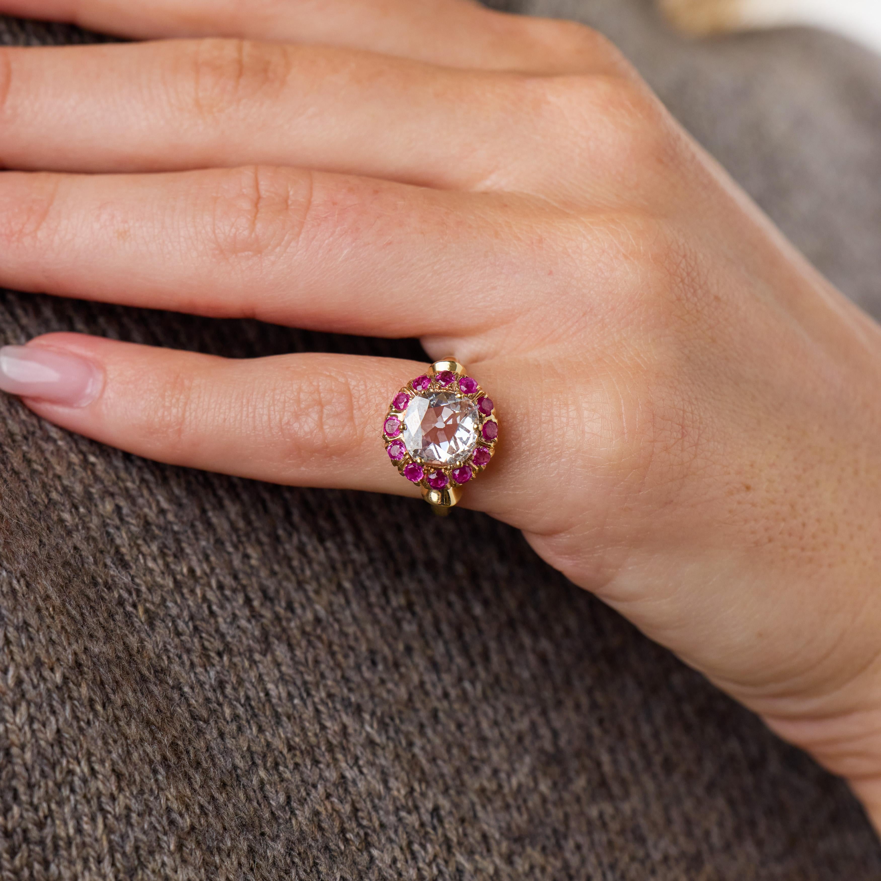 Retro GIA 1.51 carat diamond ruby 14k yellow gold cluster ring