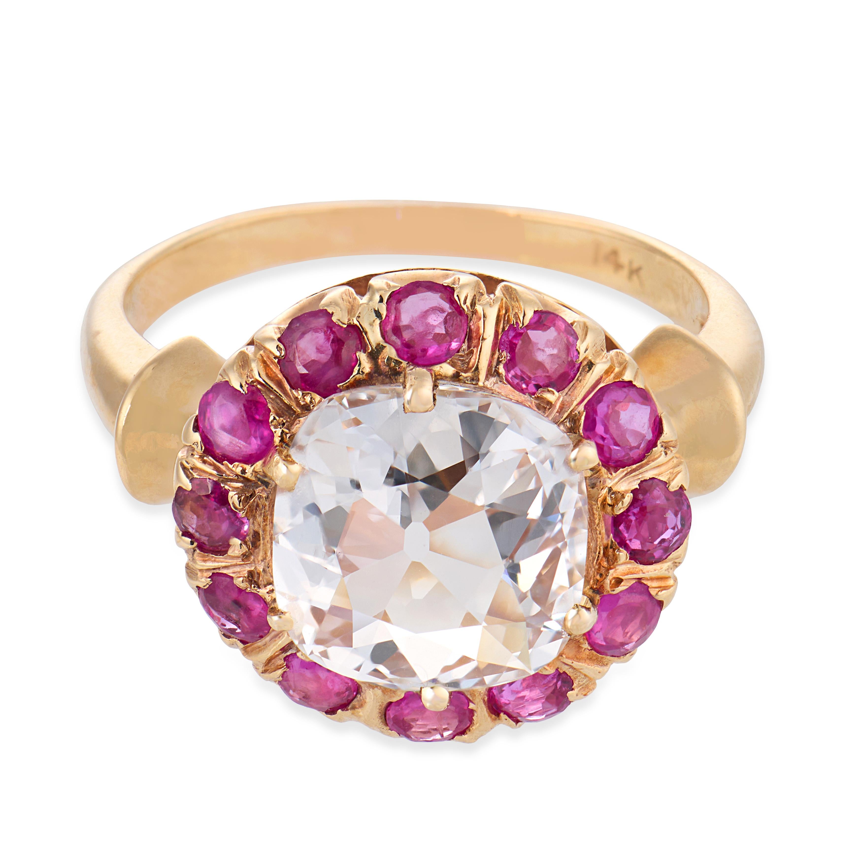 Retro GIA 1.51 carat diamond ruby 14k yellow gold cluster ring