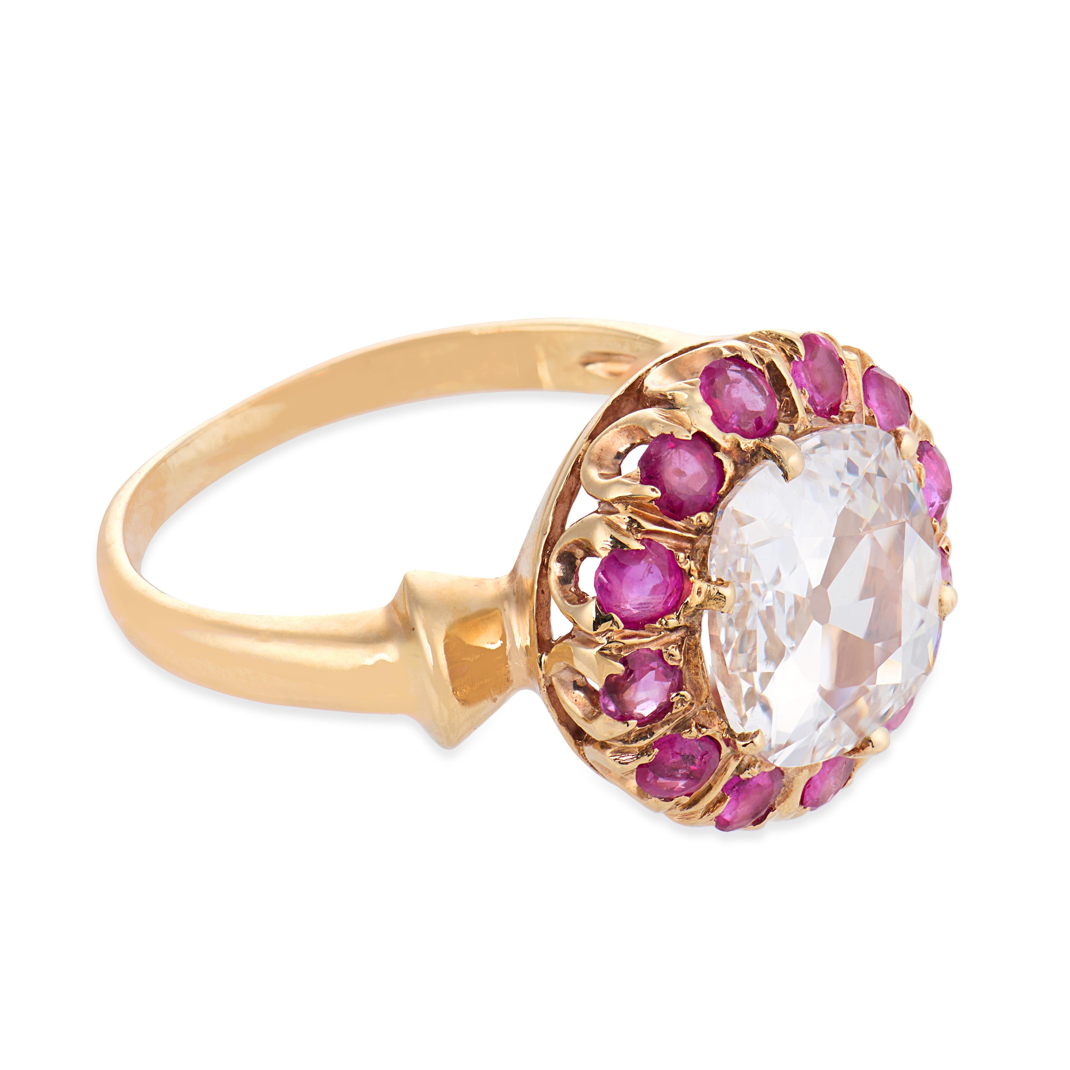 Retro GIA 1.51 carat diamond ruby 14k yellow gold cluster ring