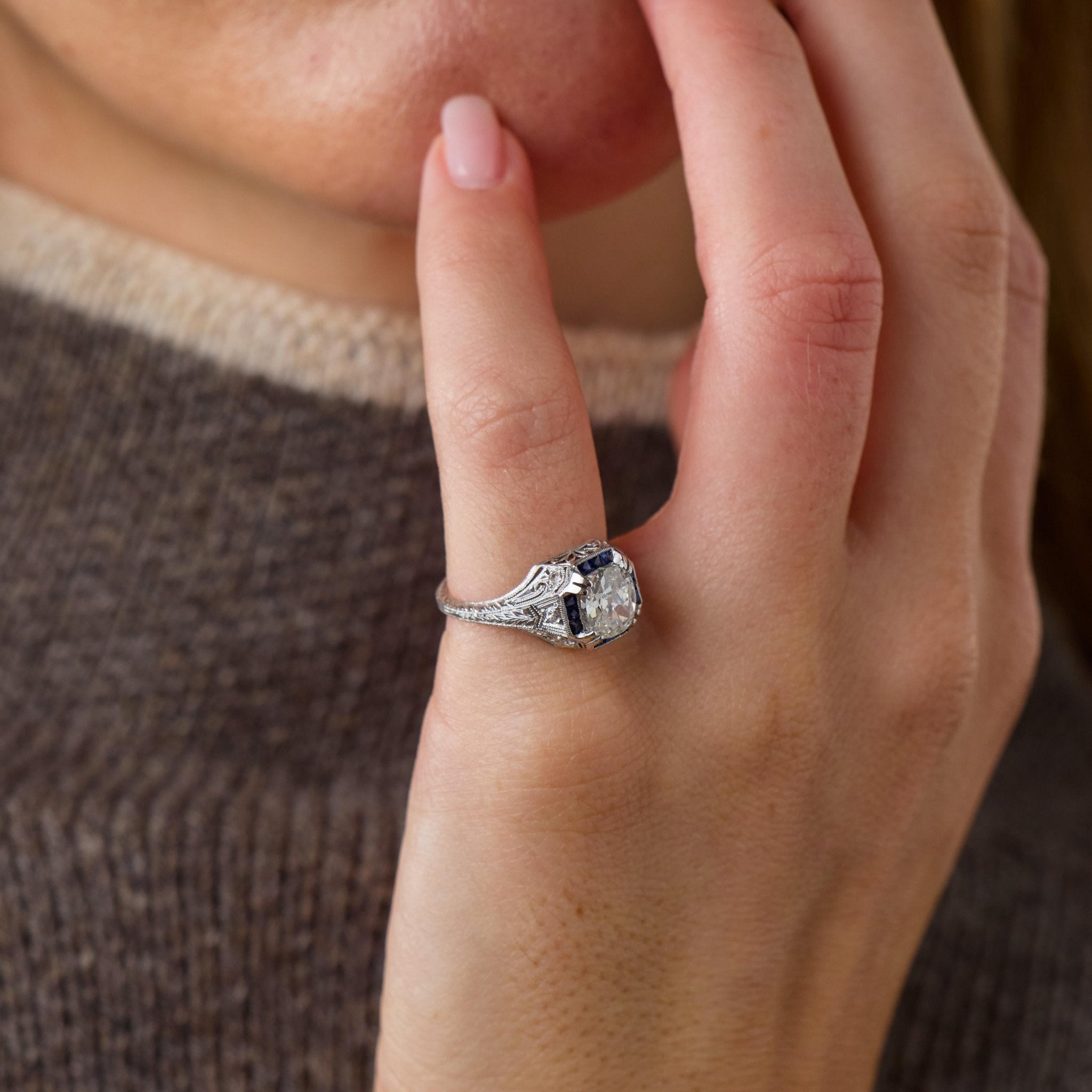 Art Deco GIA 1.52 carat diamond sapphire platinum engagement ring
