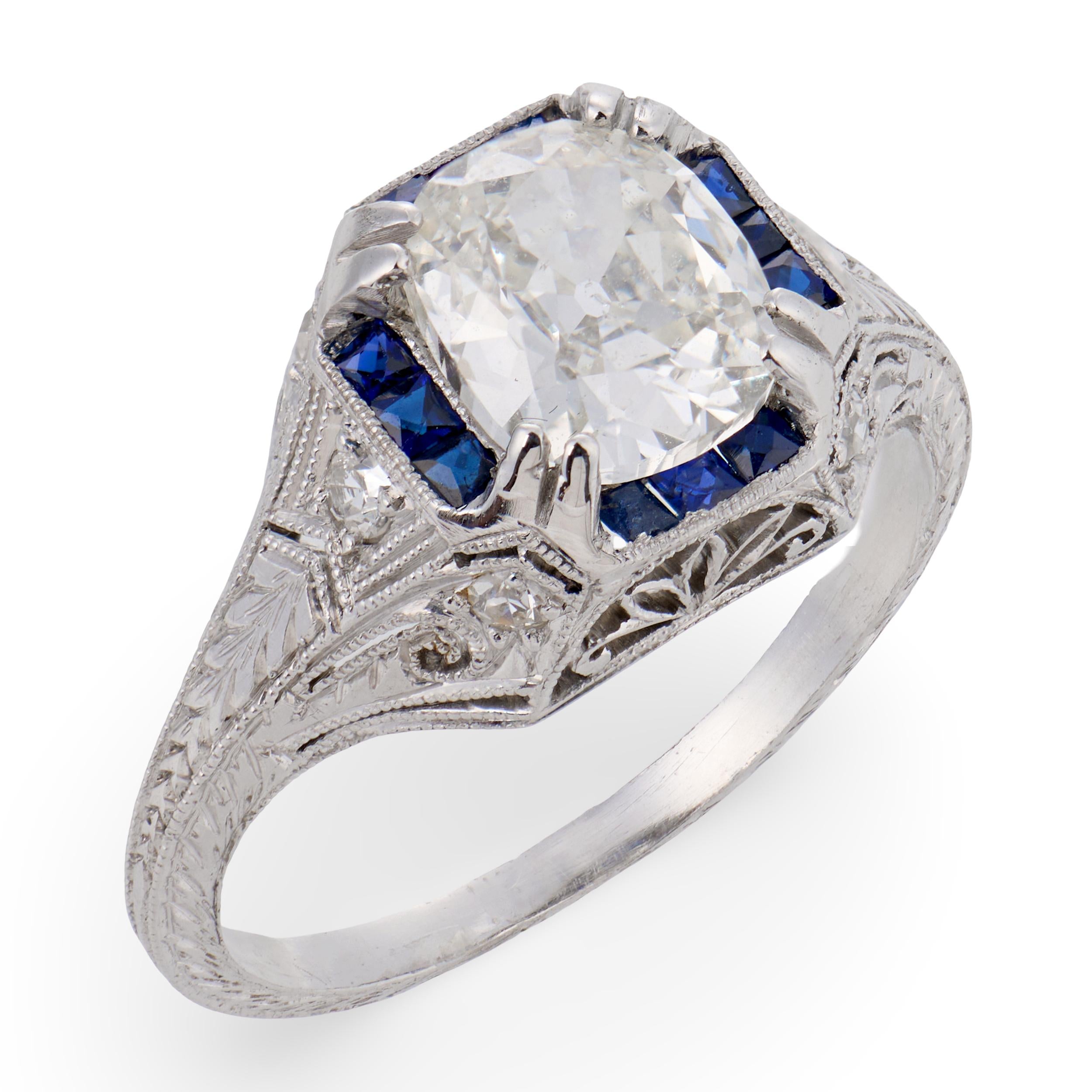 Art Deco GIA 1.52 carat diamond sapphire platinum engagement ring
