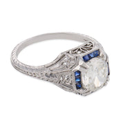 Art Deco GIA 1.52 carat diamond sapphire platinum engagement ring