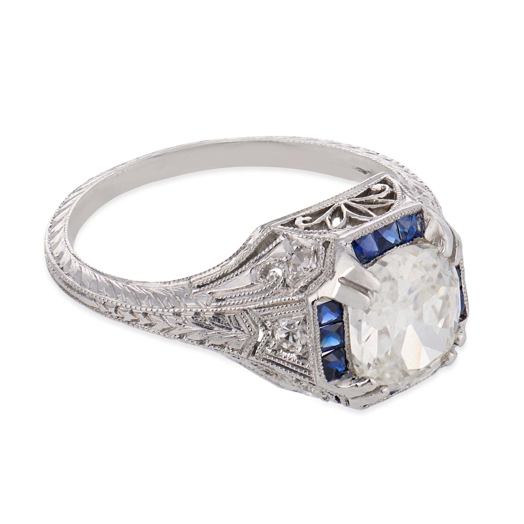 Art Deco GIA 1.52 carat diamond sapphire platinum engagement ring