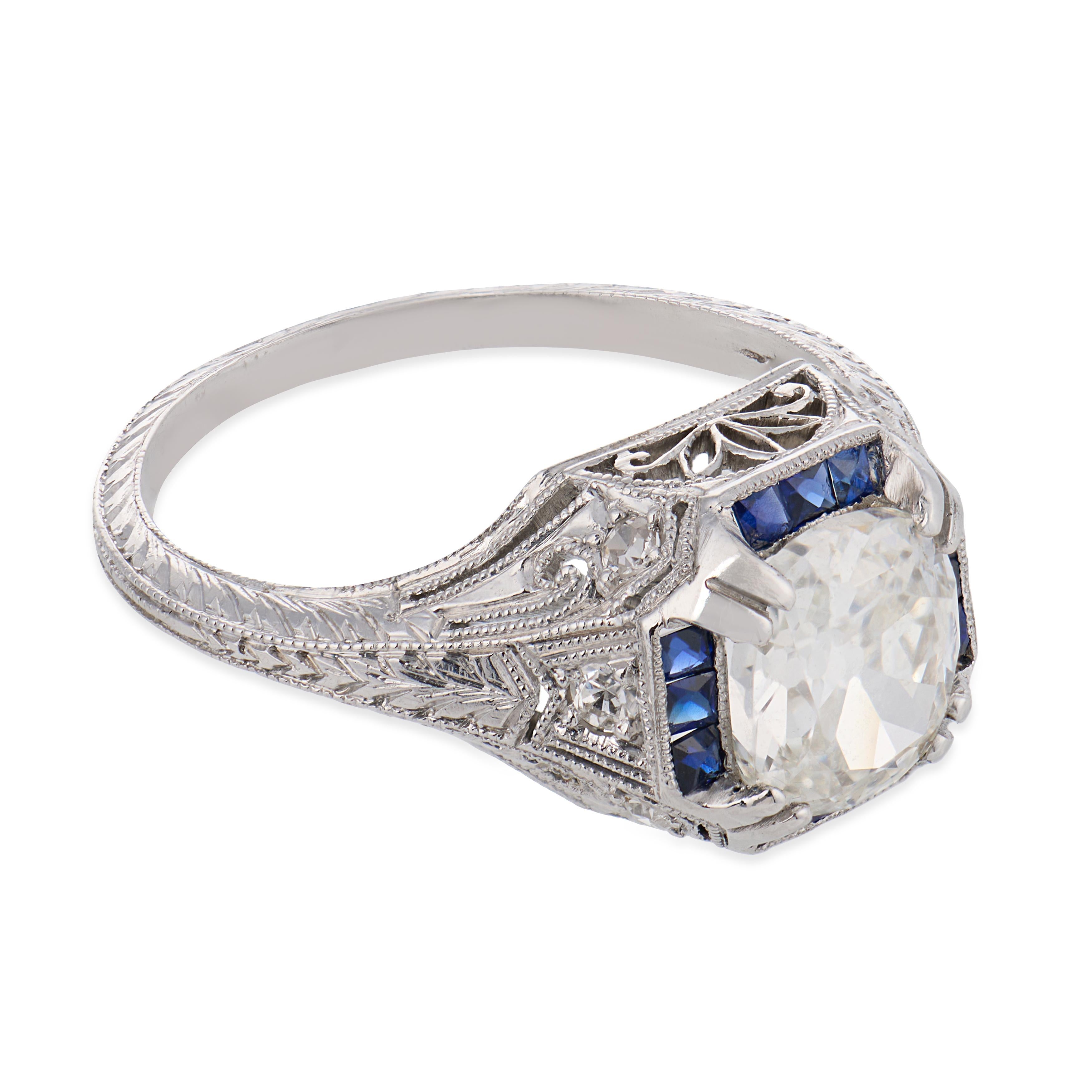 Art Deco GIA 1.52 carat diamond sapphire platinum engagement ring