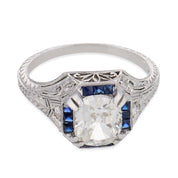 Art Deco GIA 1.52 carat diamond sapphire platinum engagement ring
