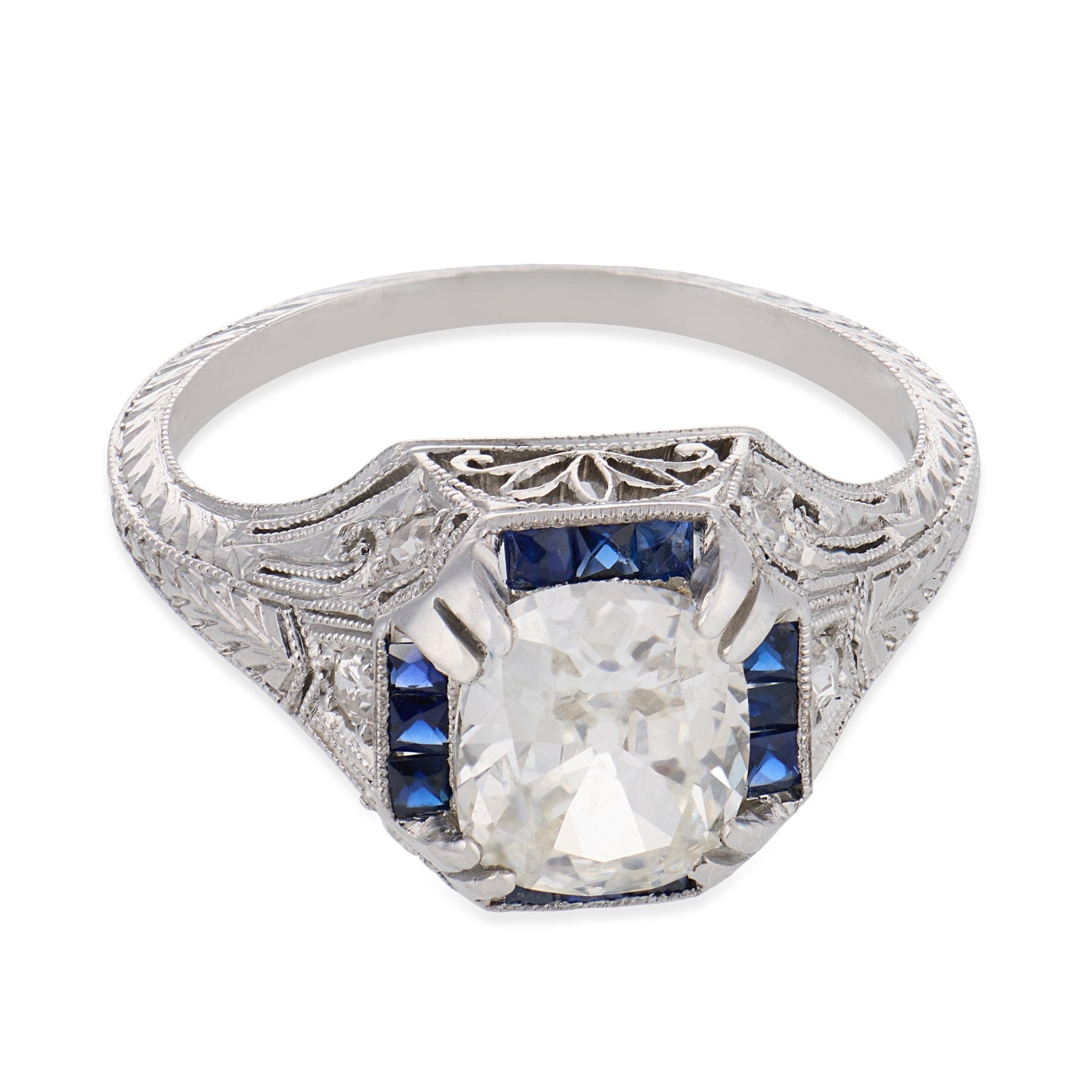 Art Deco GIA 1.52 carat diamond sapphire platinum engagement ring