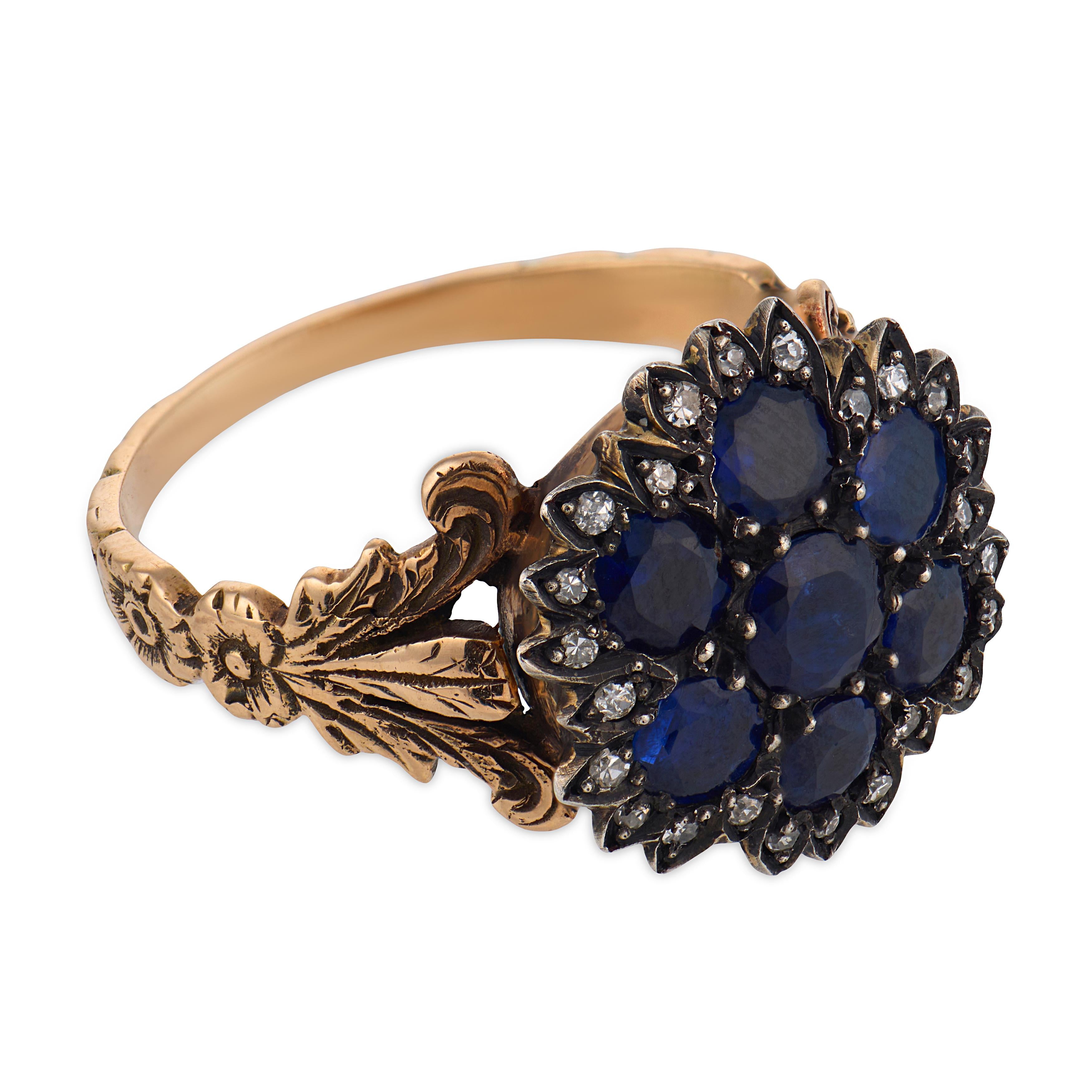 Victorian sapphire diamond 10k yellow gold and silver cluster ring