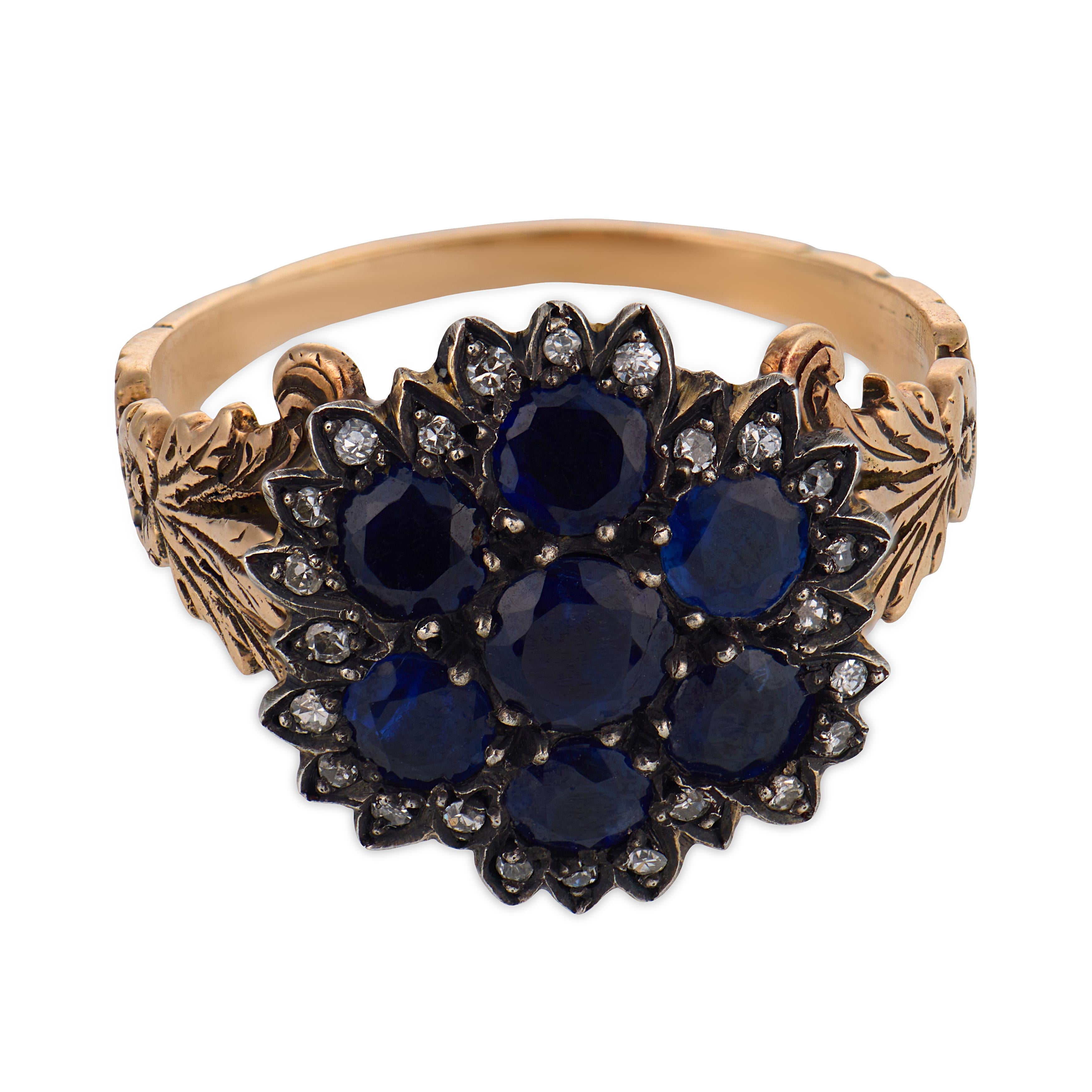 Victorian sapphire diamond 10k yellow gold and silver cluster ring