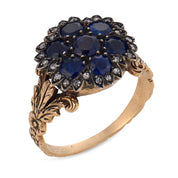 Victorian sapphire diamond 10k yellow gold and silver cluster ring