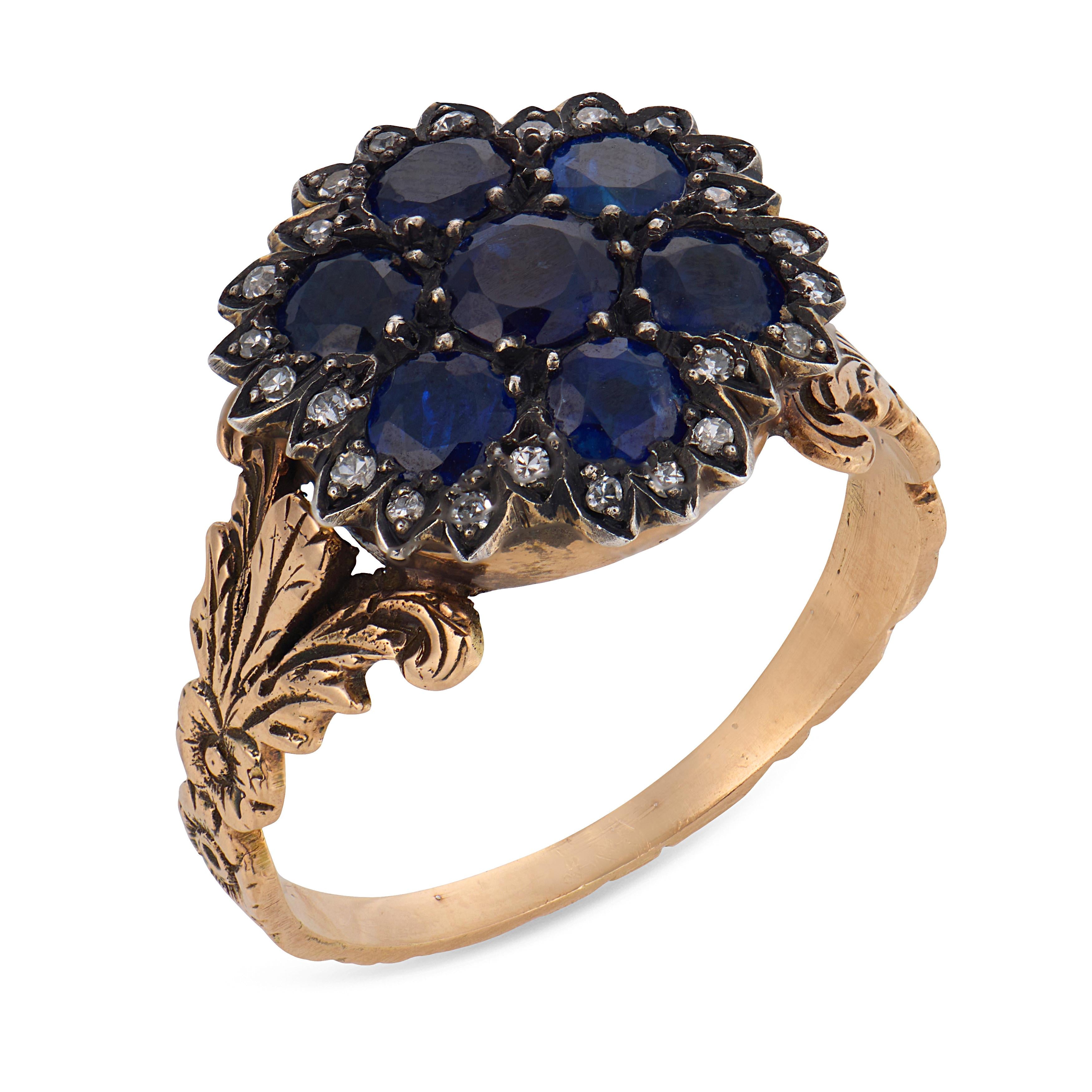 Victorian sapphire diamond 10k yellow gold and silver cluster ring