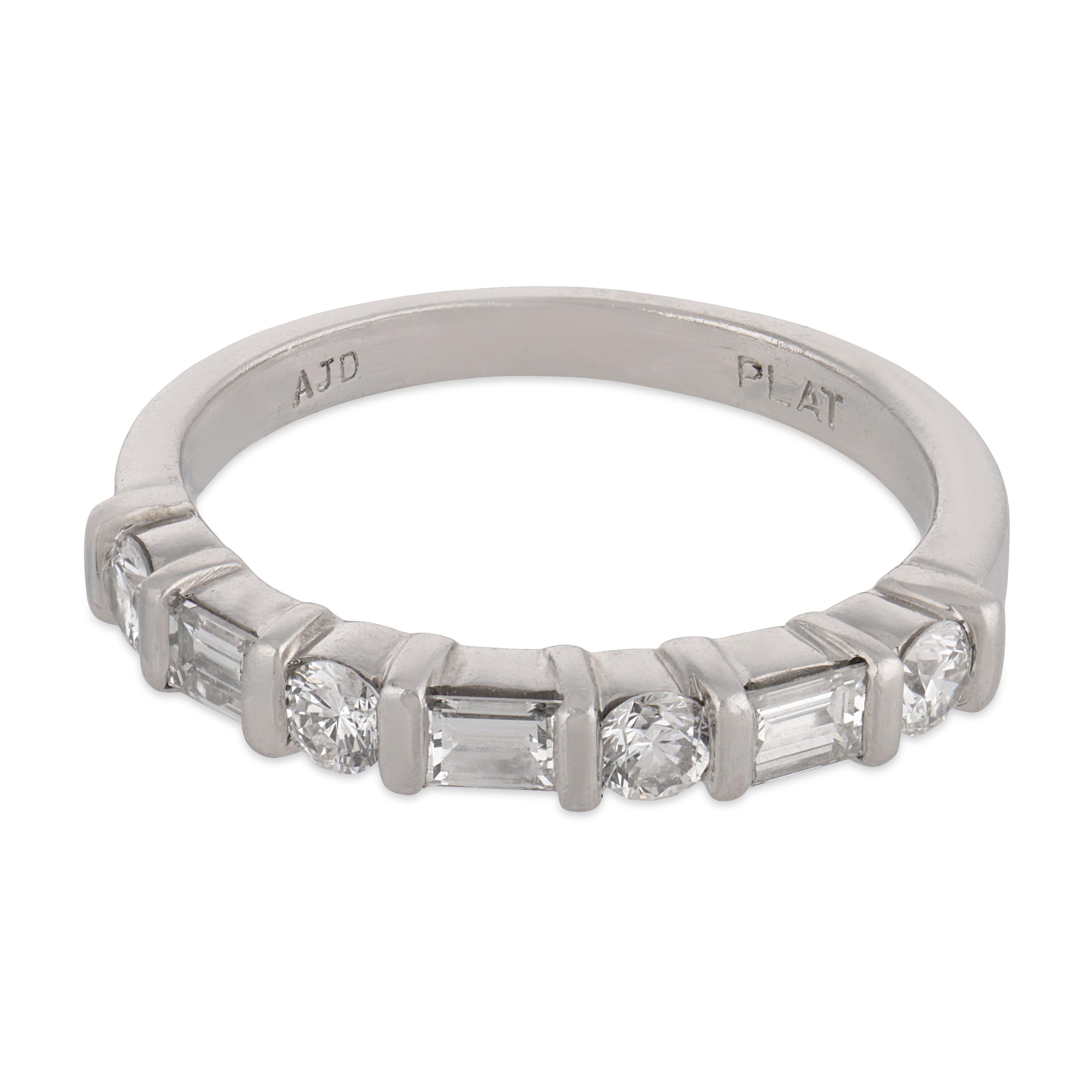 Mid Century baguette and round diamond platinum half eternity band