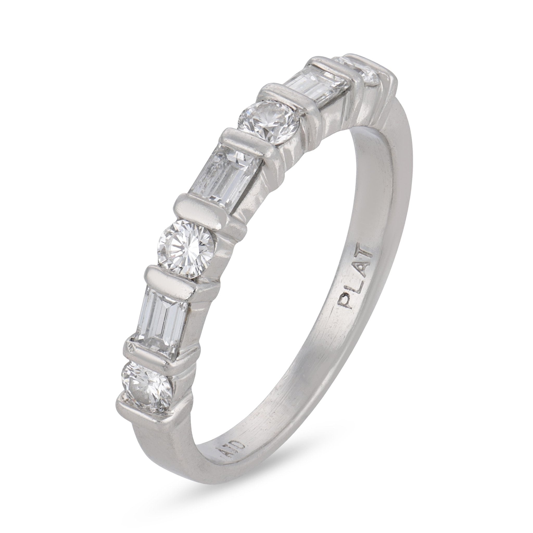 Mid Century baguette and round diamond platinum half eternity band