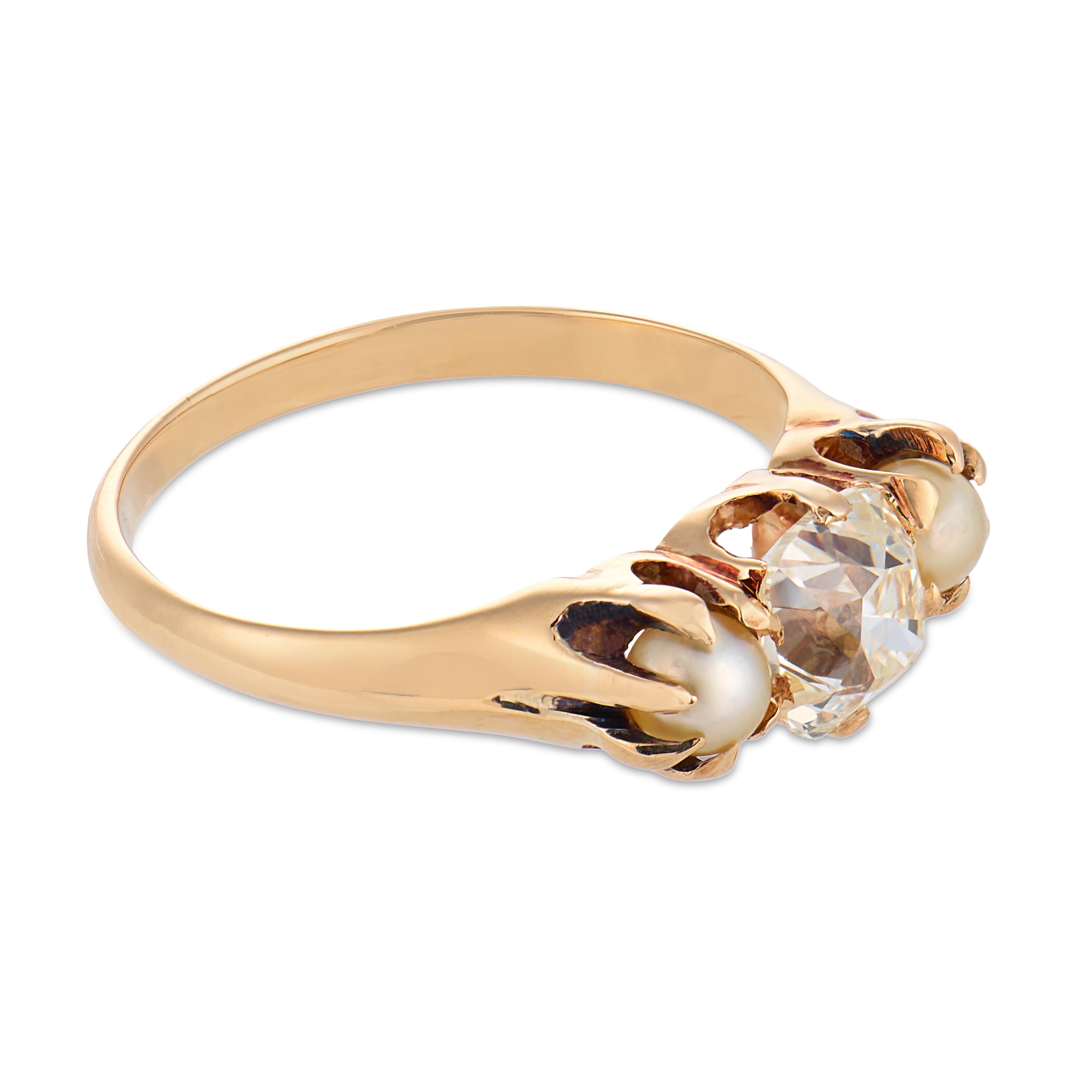 Victorian GIA old mine cut diamond pearl 14K yellow gold ring