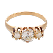 Victorian GIA old mine cut diamond pearl 14K yellow gold ring