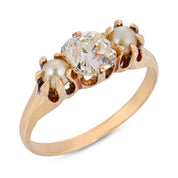 Victorian GIA old mine cut diamond pearl 14K yellow gold ring