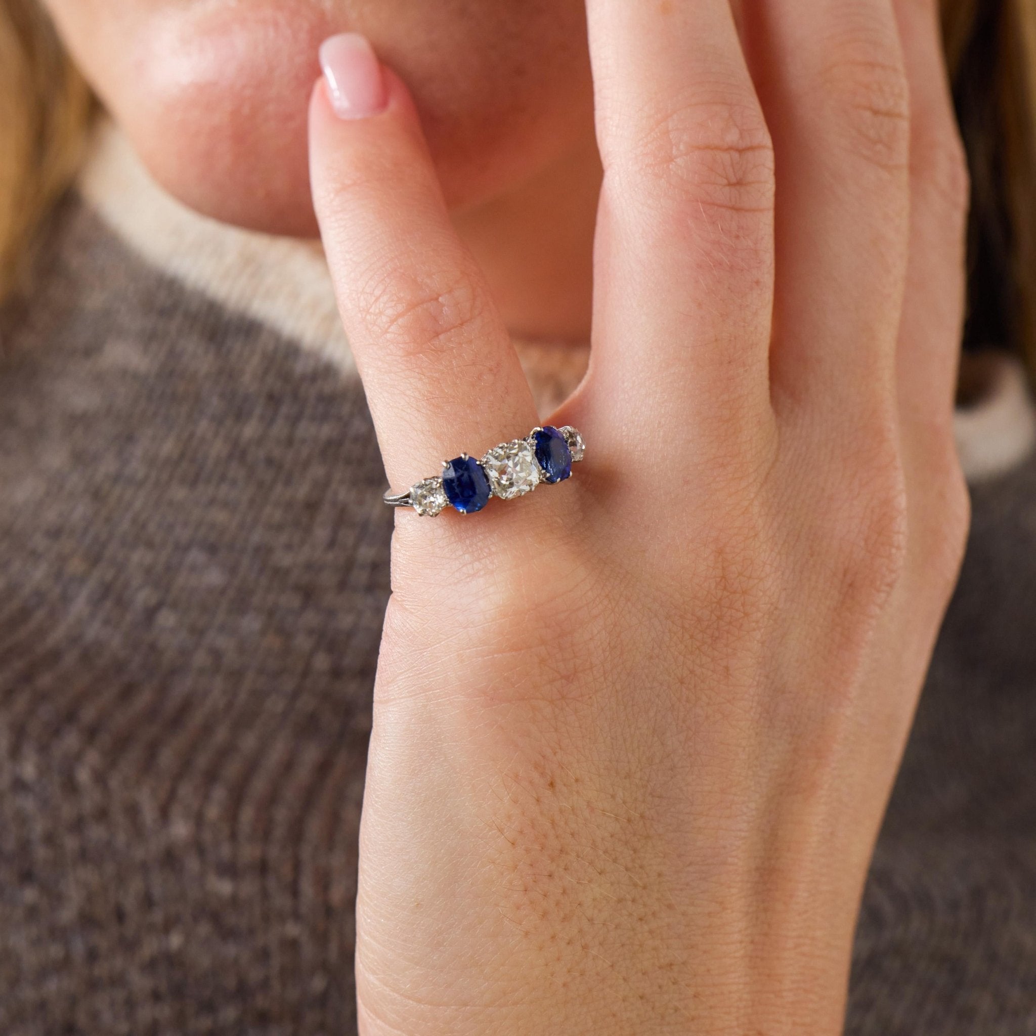 Edwardian diamond sapphire platinum 5 stone ring