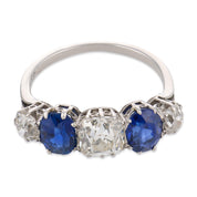 Edwardian diamond sapphire platinum 5 stone ring