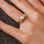 Retro pearl old mine cut diamond 18k two tone three stone ring