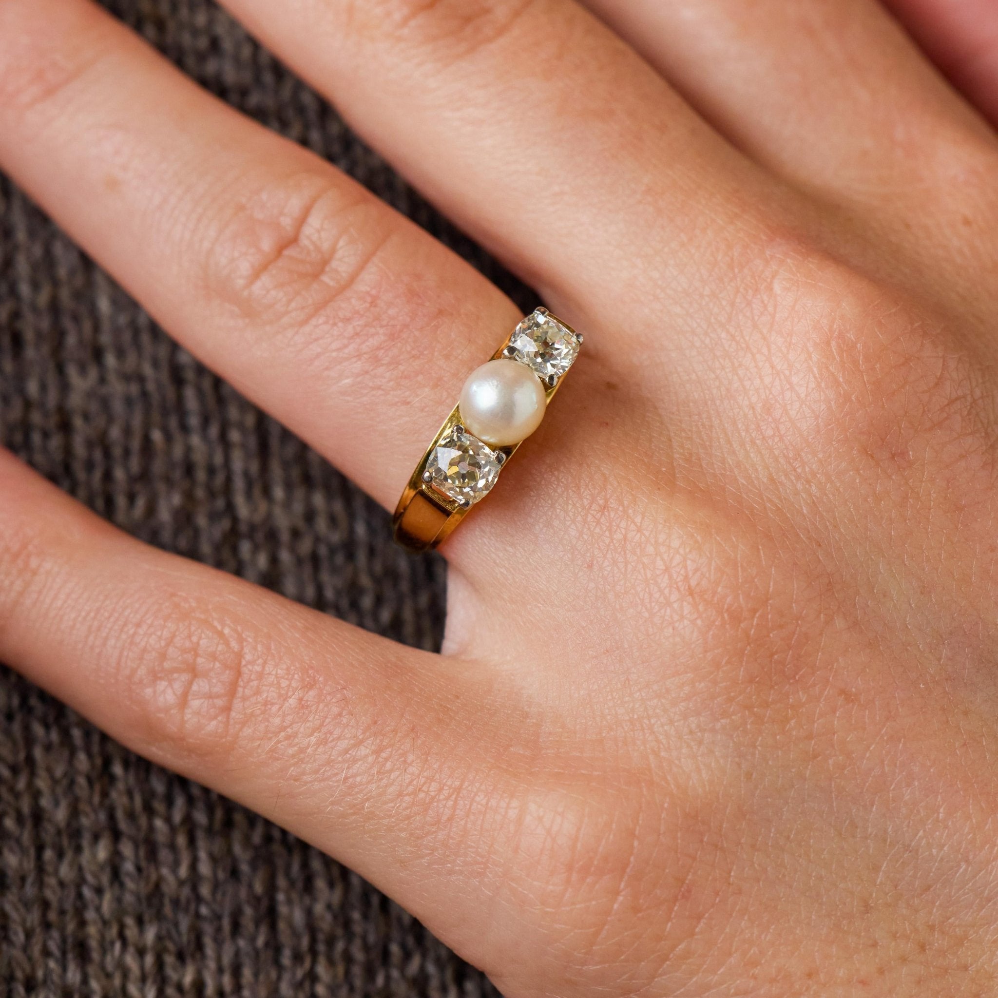 Retro pearl old mine cut diamond 18k two tone three stone ring