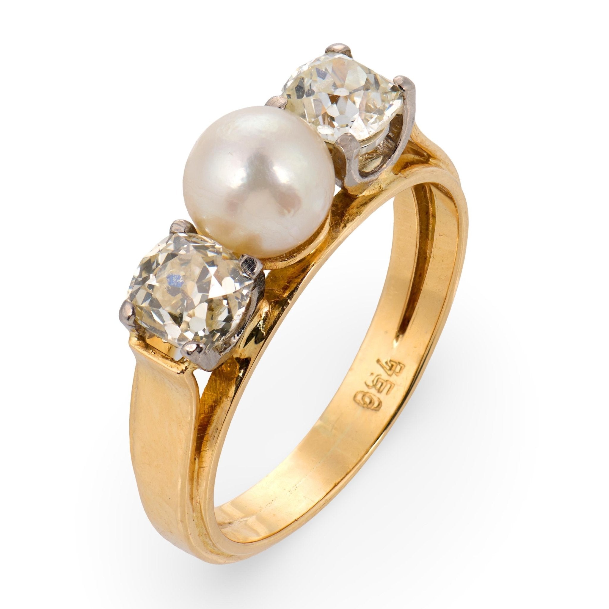 Retro pearl old mine cut diamond 18k two tone three stone ring