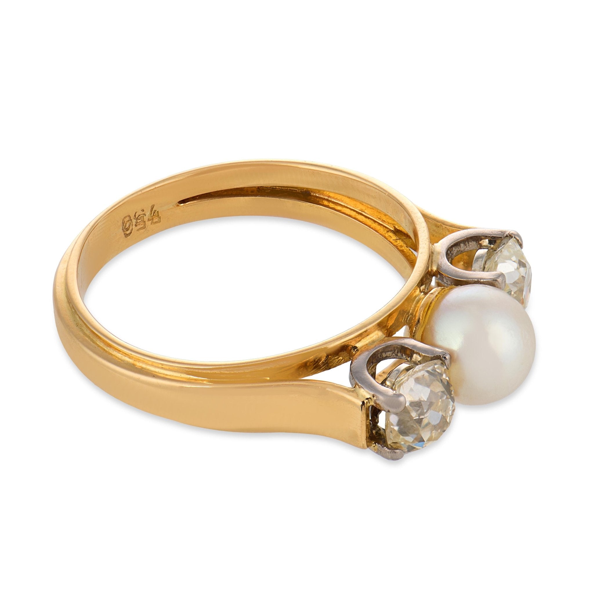 Retro pearl old mine cut diamond 18k two tone three stone ring