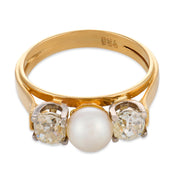 Retro pearl old mine cut diamond 18k two tone three stone ring