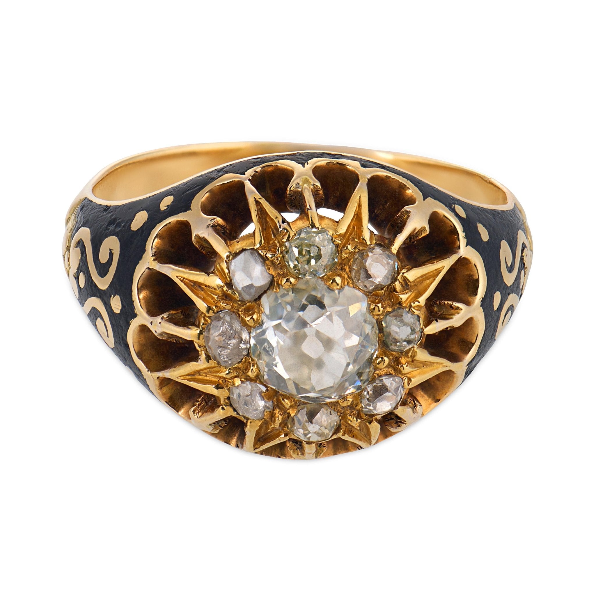 Victorian diamond 14K yellow gold silver enamel ring