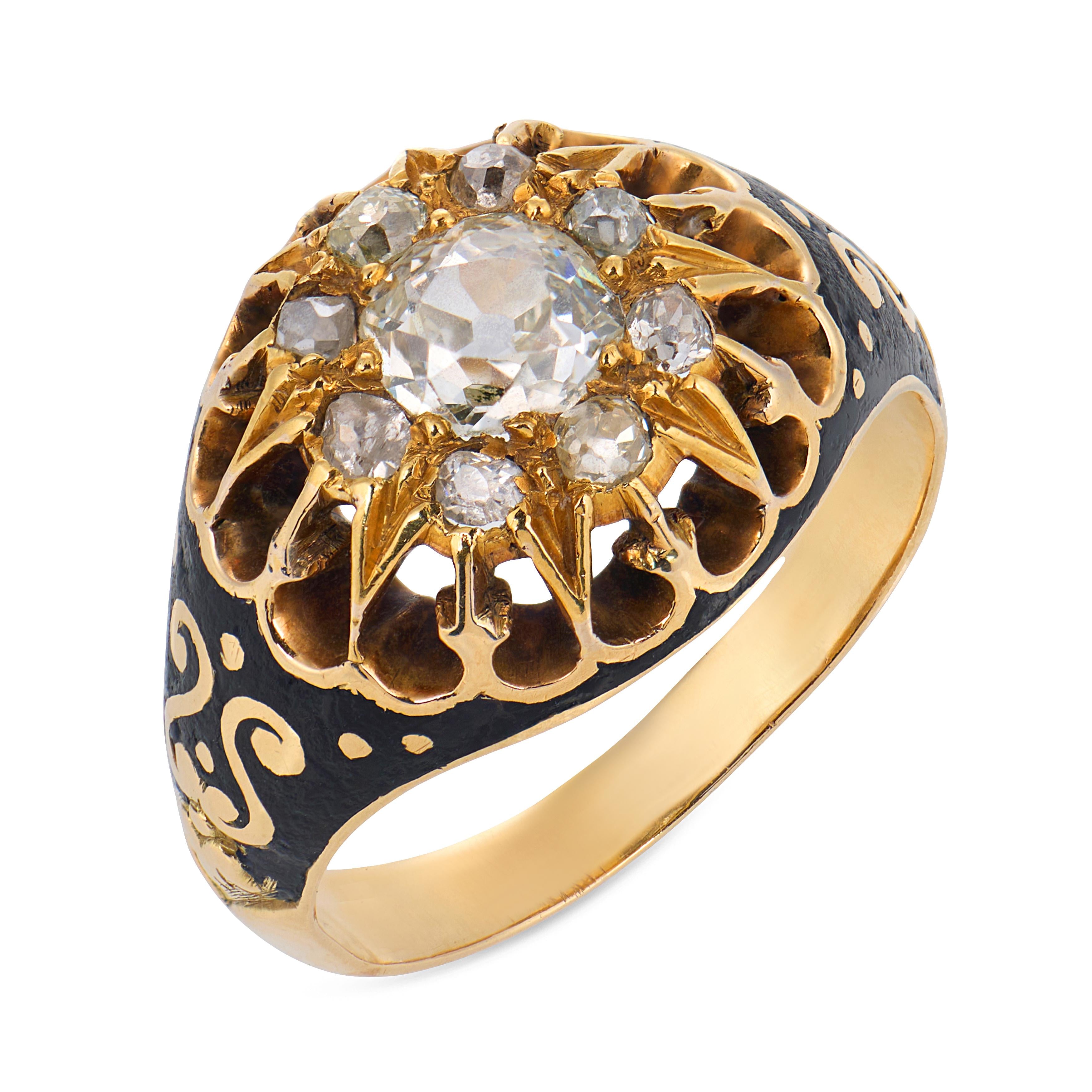 Victorian diamond 14K yellow gold silver enamel ring