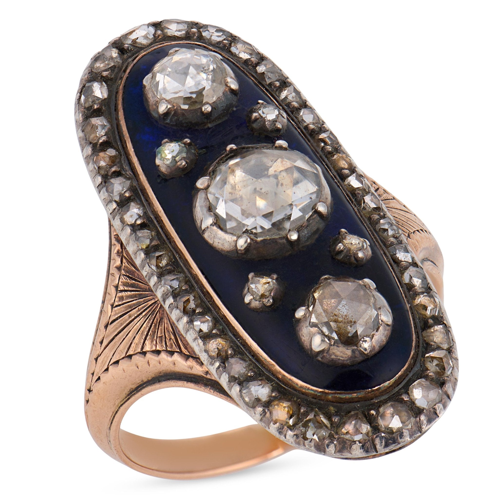 Georgian rose cut diamond 18K rose gold and silver navette enamel ring