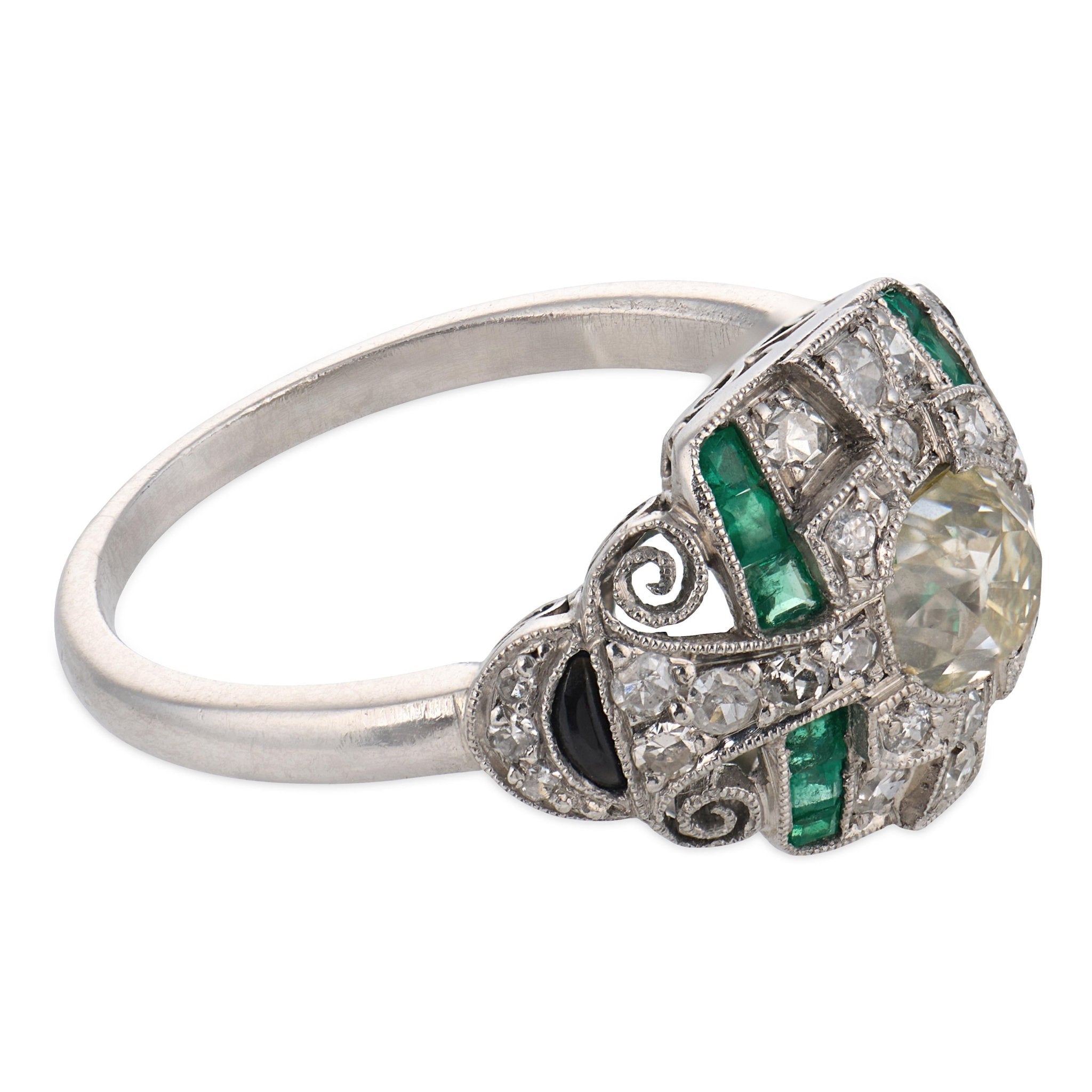 Art Deco diamond emerald onyx platinum ring