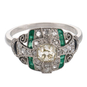 Art Deco diamond emerald onyx platinum ring