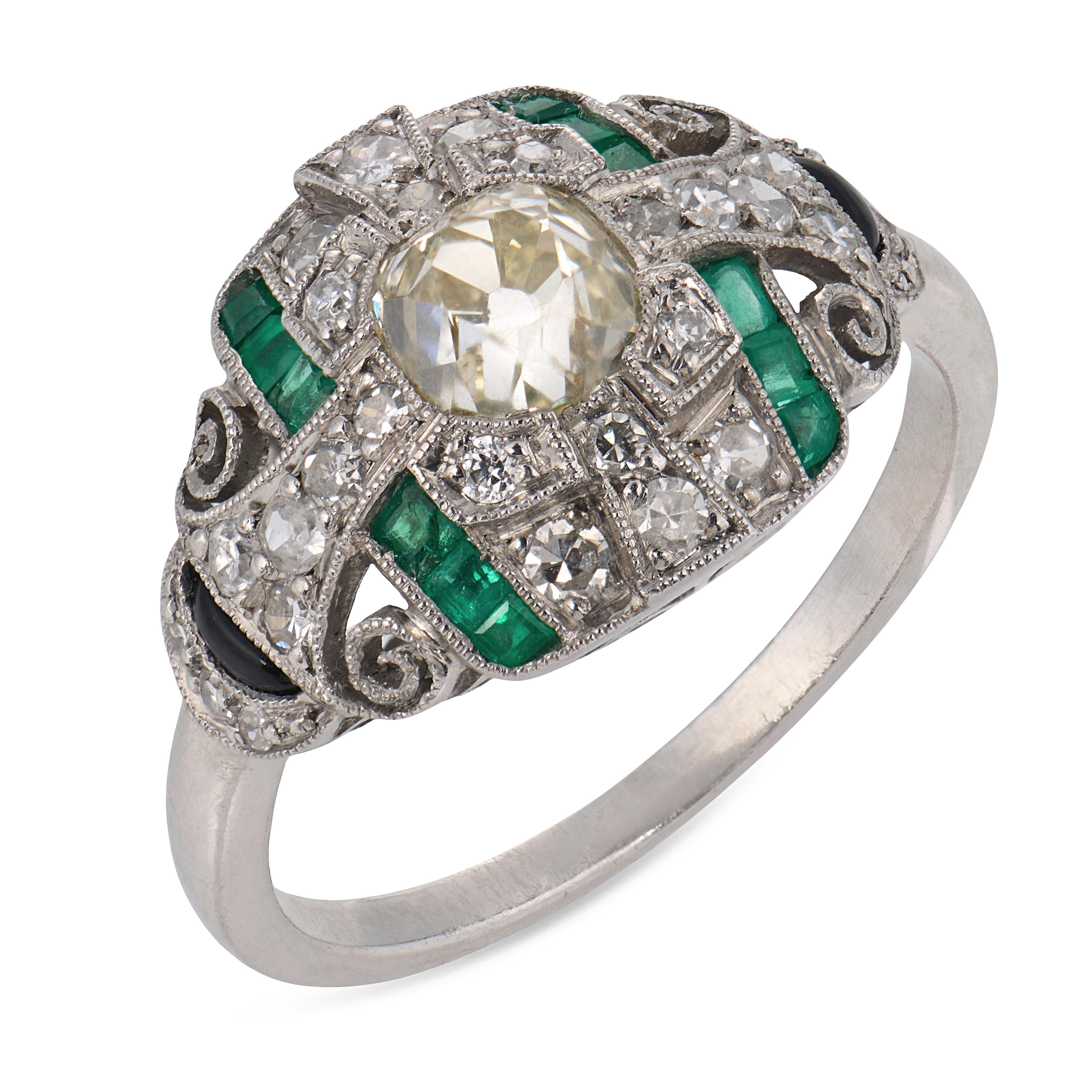 Art Deco diamond emerald onyx platinum ring
