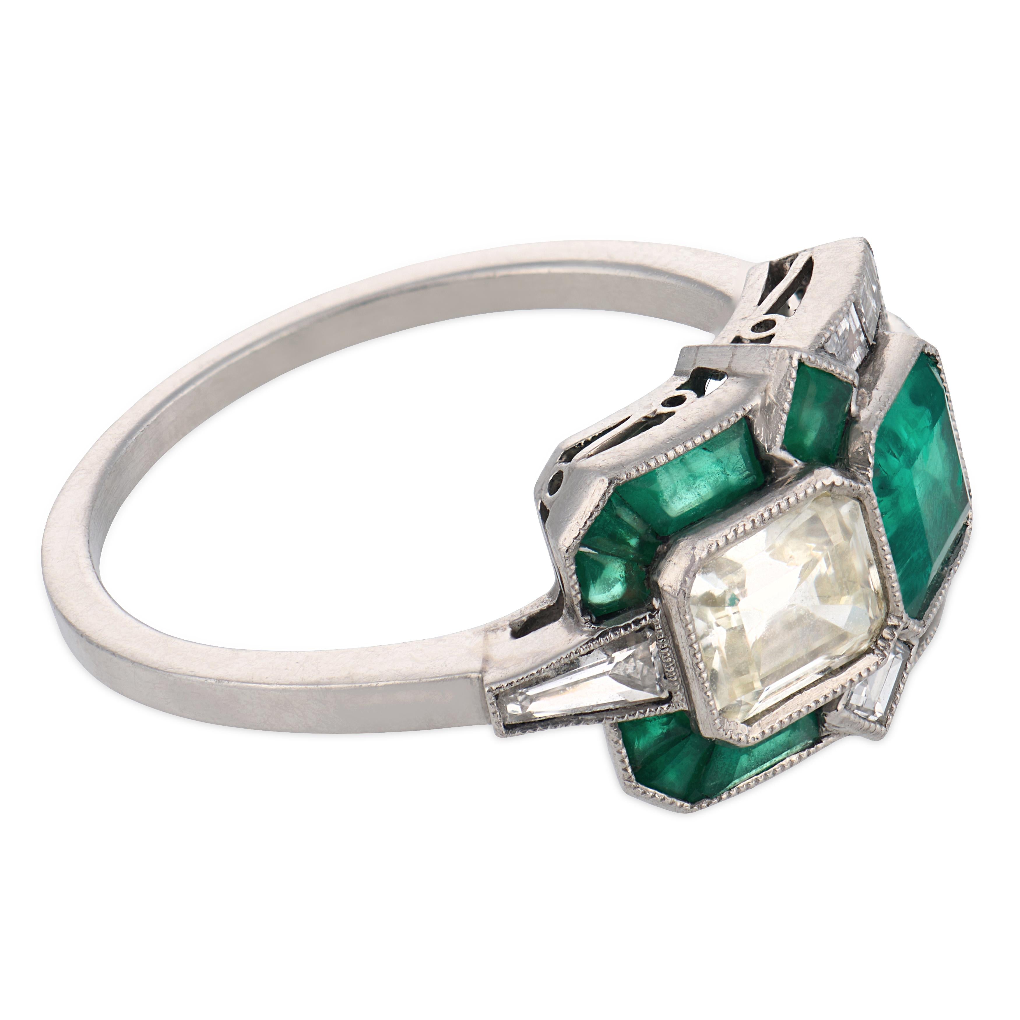 Art Deco style diamond emerald platinum toi et moi ring