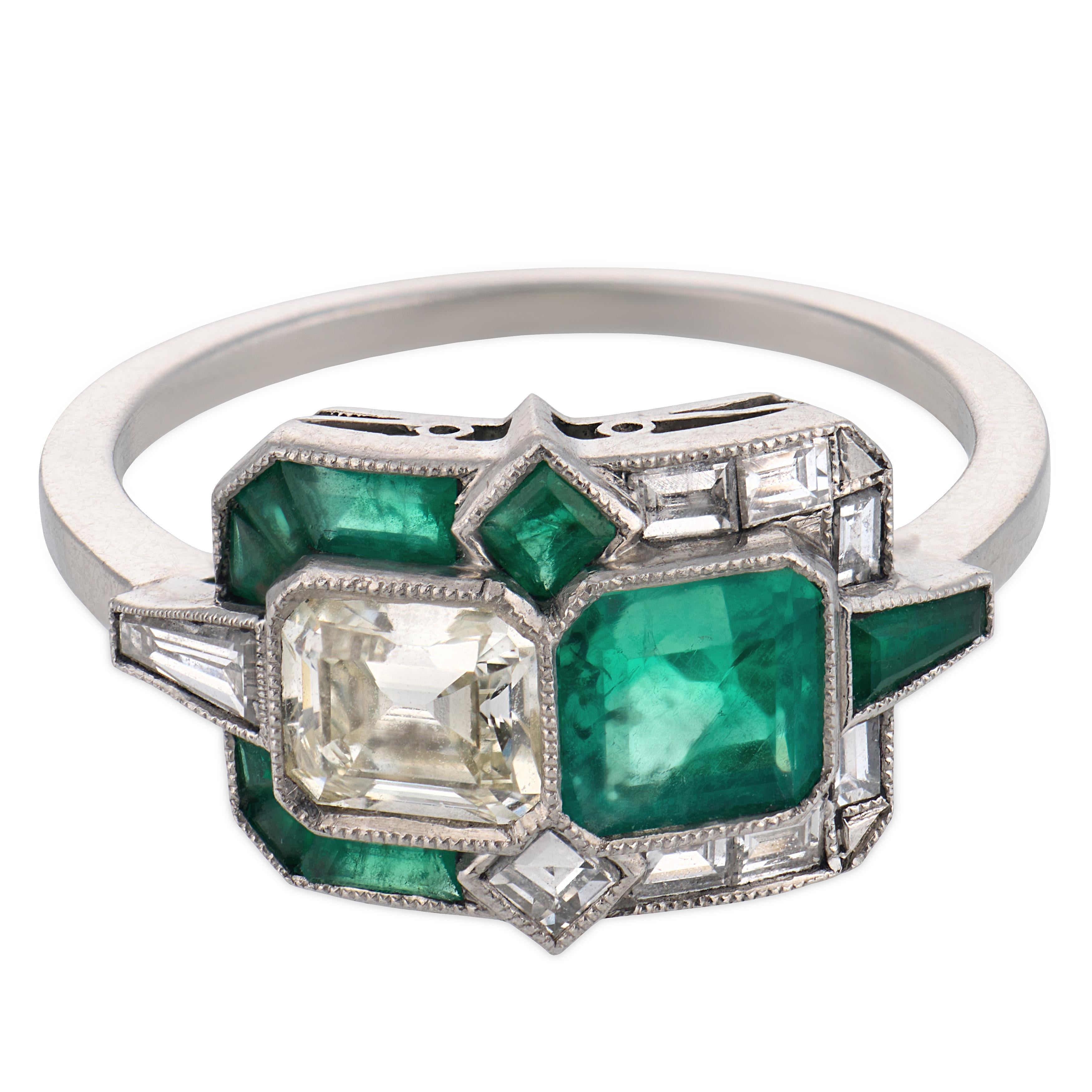 Art Deco style diamond emerald platinum toi et moi ring